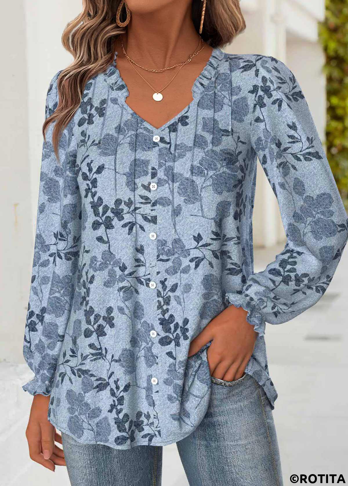 Denim Blue tops,Plants tops,ROTITA Tummy Coverage Leaf Print Denim Blue V Neck Blouse