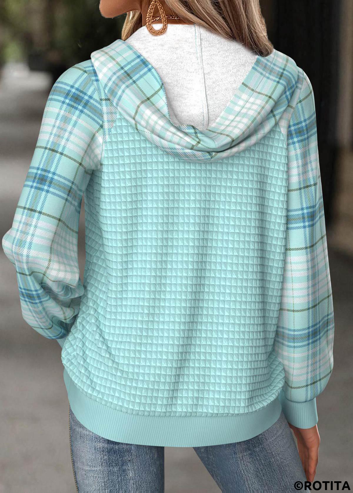 Mint Green tops,Plaid tops,Geometric tops,ROTITA Tummy Coverage Plaid Mint Green Long Sleeve Hoodie