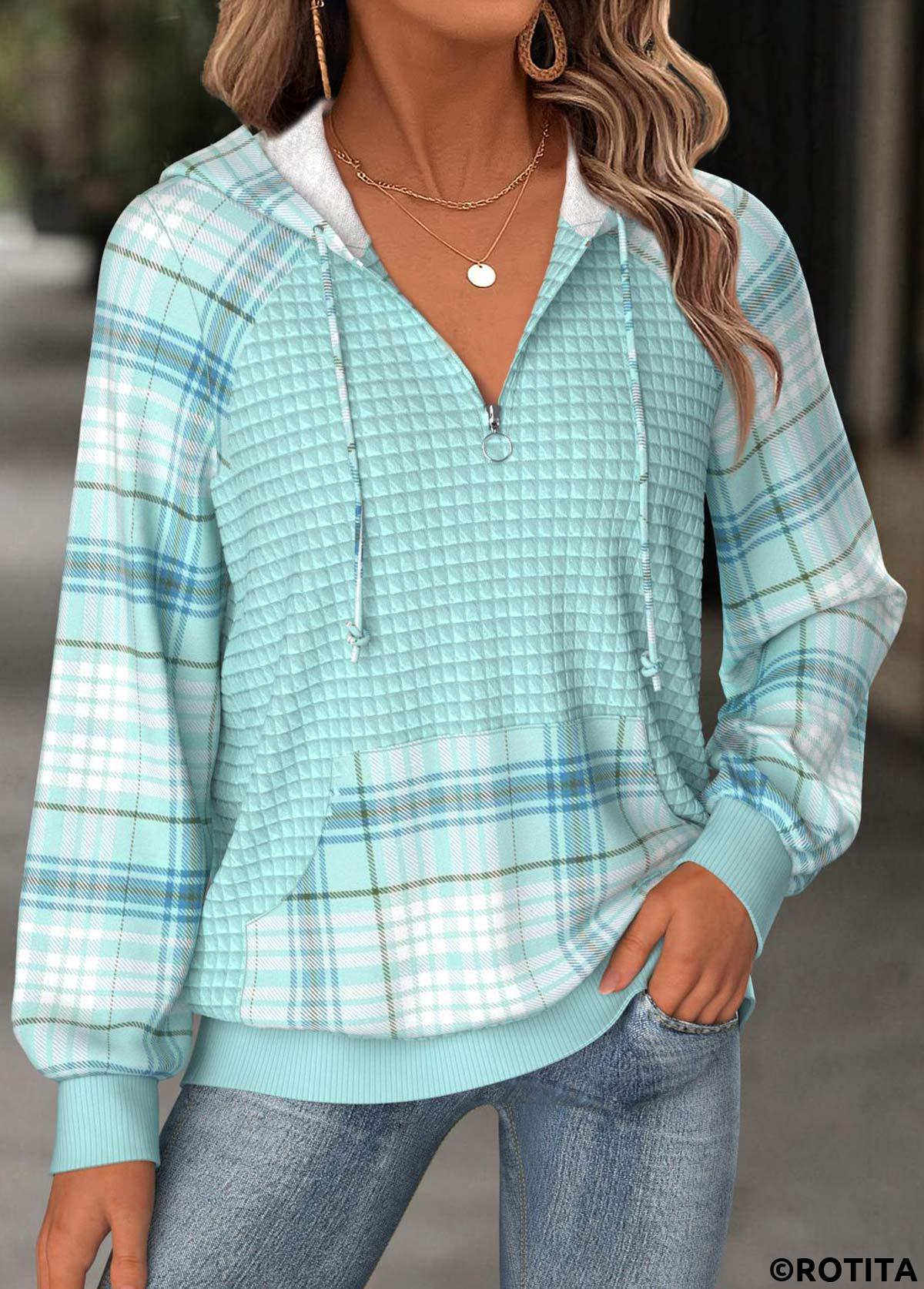 Mint Green tops,Plaid tops,Geometric tops,ROTITA Tummy Coverage Plaid Mint Green Long Sleeve Hoodie