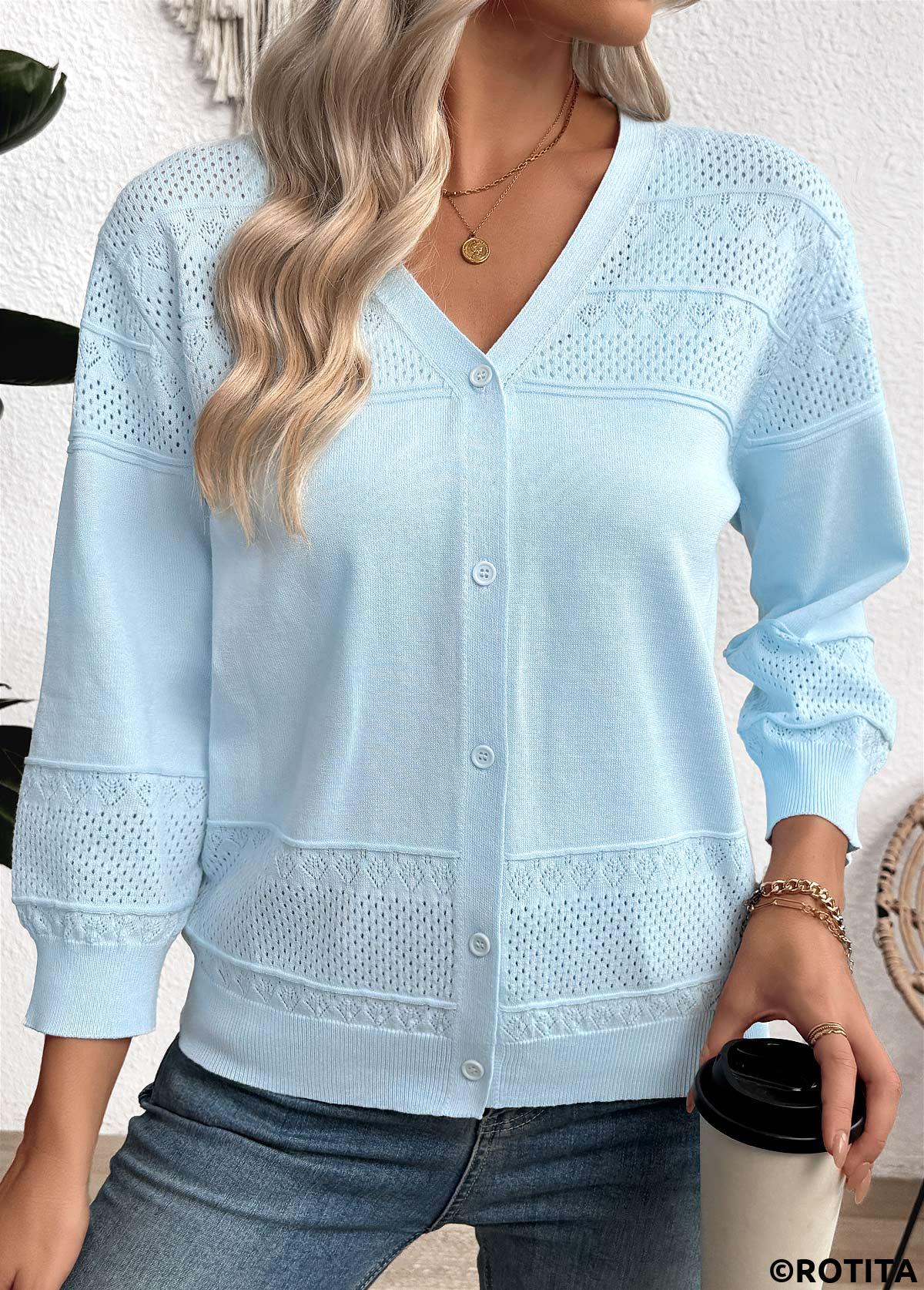 Light Blue tops,Plain Color tops,Light Blue V Neck Long Sleeve Light Cardigan