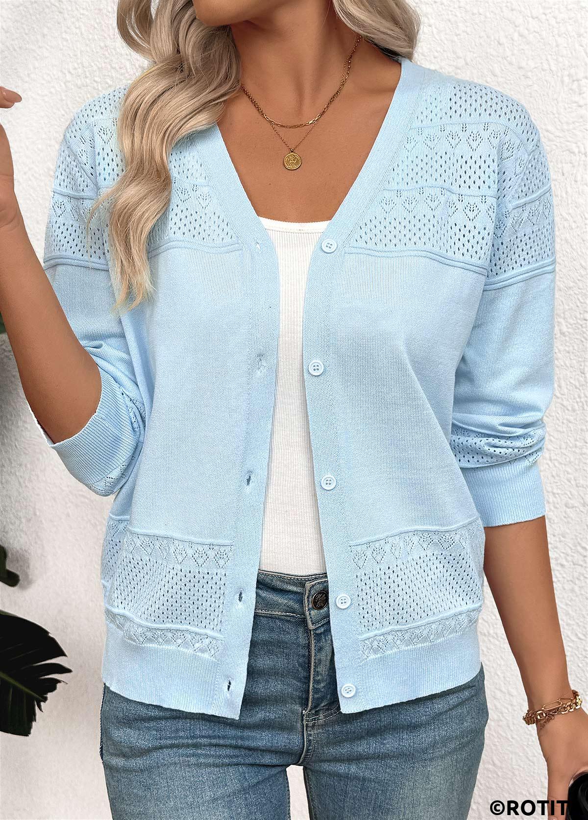 Light Blue tops,Plain Color tops,Light Blue V Neck Long Sleeve Light Cardigan