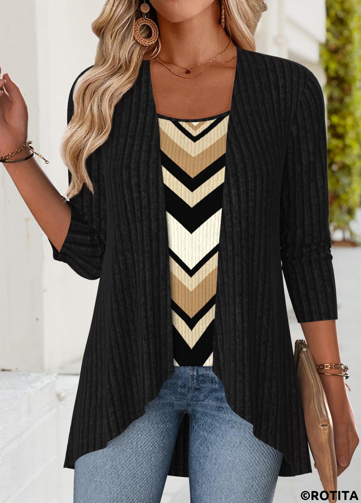 Black tops,Geometric tops,ROTITA Tummy Coverage Geometric Print Black Fake Two Piece Twinset