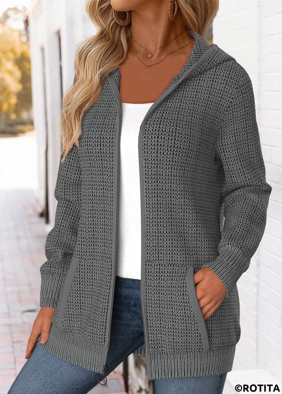 Dark Grey tops,Plain Color tops,ROTITA Tummy Coverage Dark Grey Hooded Long Sleeve Coat