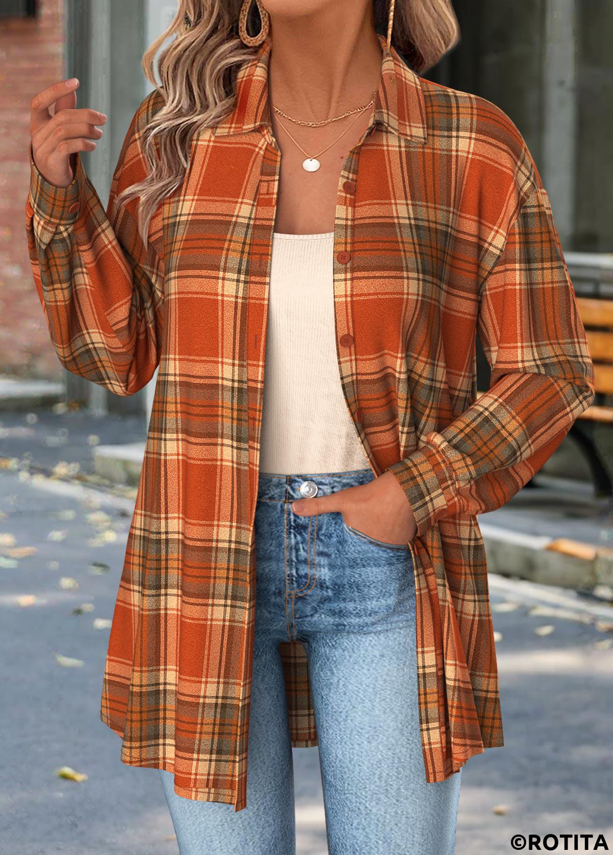 Orange tops,Plaid tops,Geometric tops,ROTITA Tummy Coverage Plaid Orange Long Sleeve Shirt