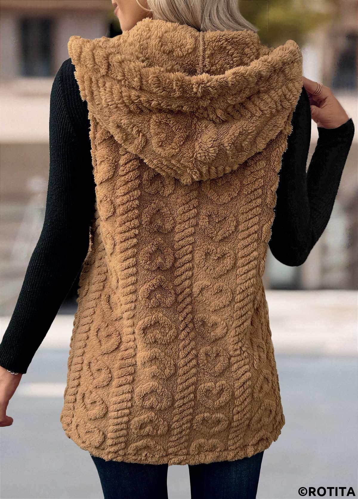 Dark Camel tops,Plain Color tops,Button Dark Camel Hooded Sleeveless Waistcoat