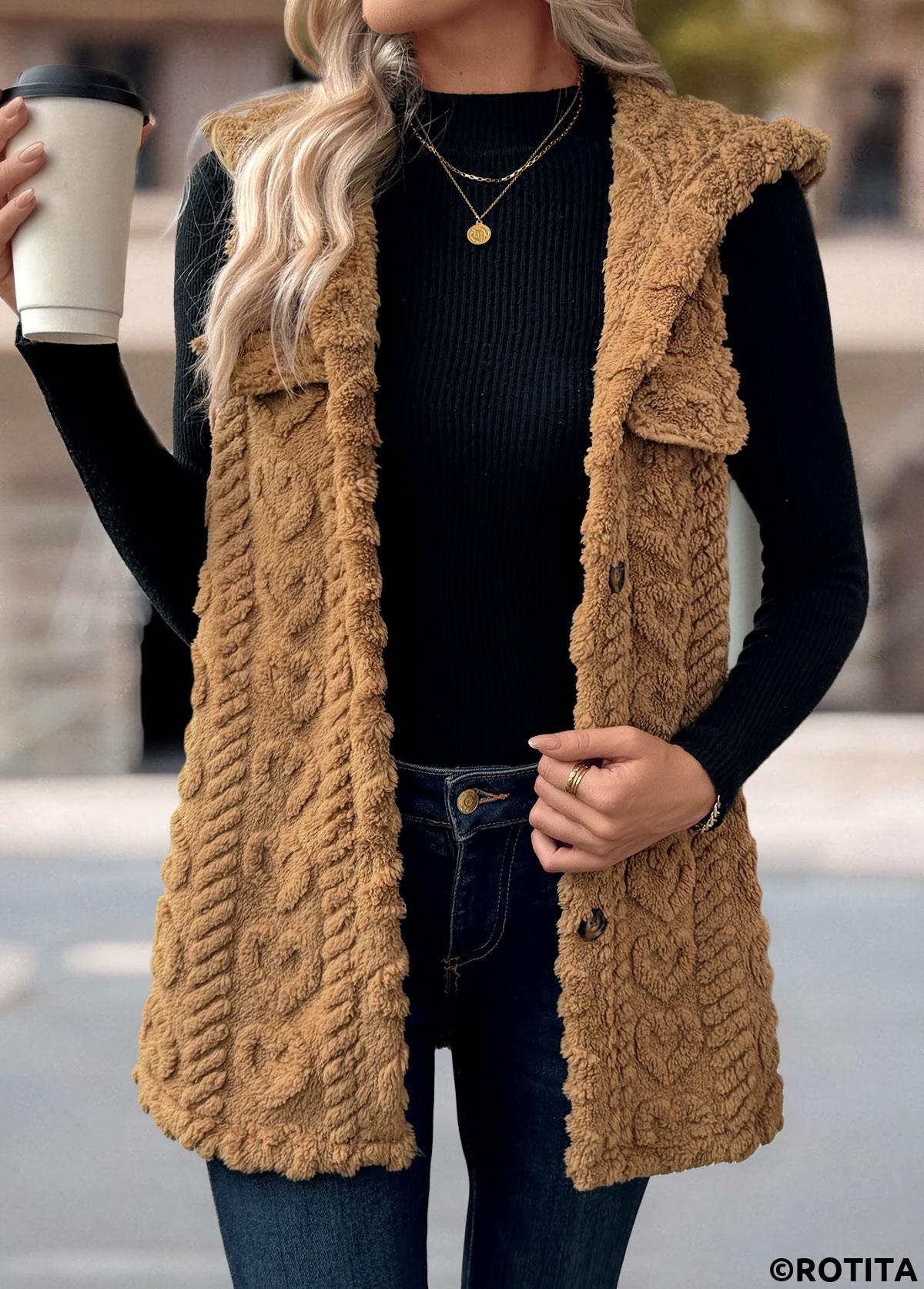 Dark Camel tops,Plain Color tops,Button Dark Camel Hooded Sleeveless Waistcoat