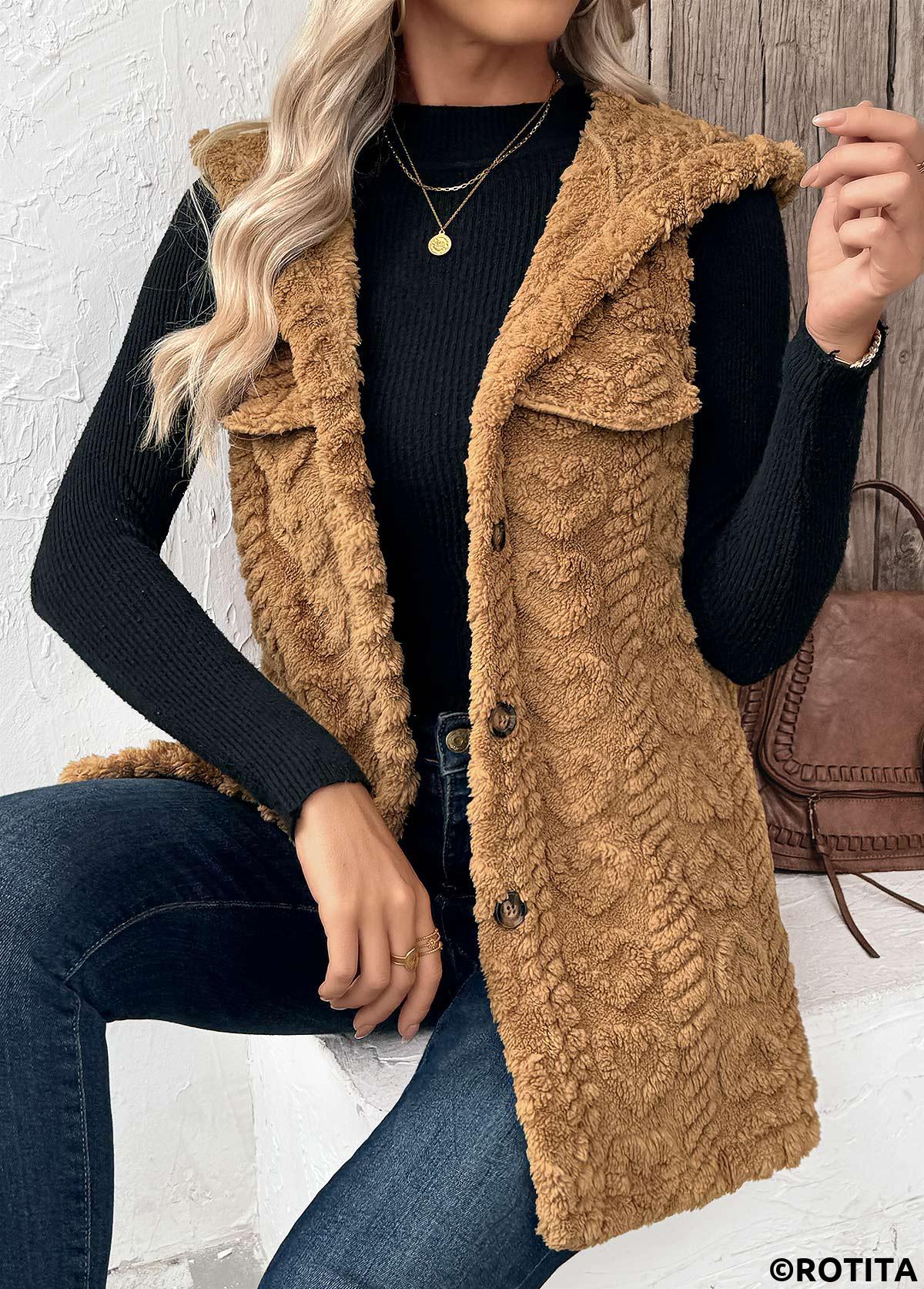 Dark Camel tops,Plain Color tops,Button Dark Camel Hooded Sleeveless Waistcoat