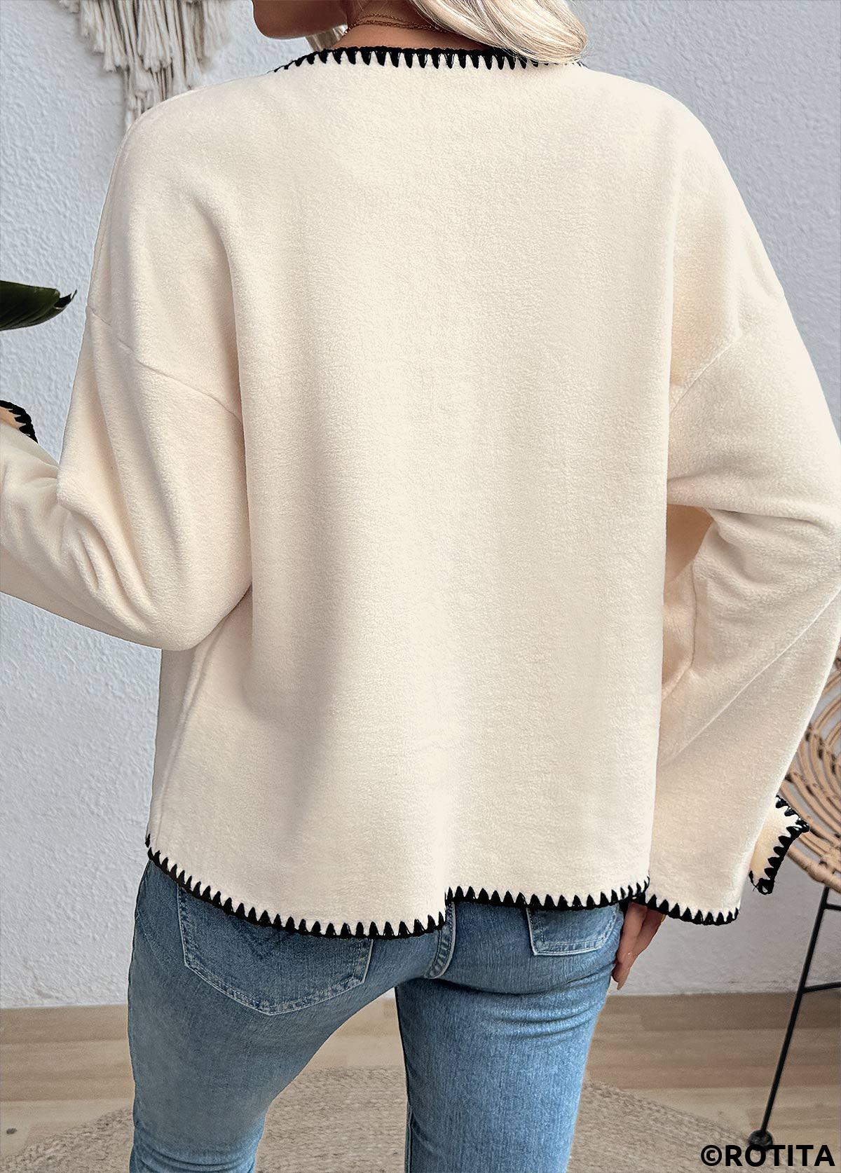 Beige tops,Plain Color tops,Tummy Coverage Beige Round Neck Long Sleeve Coat