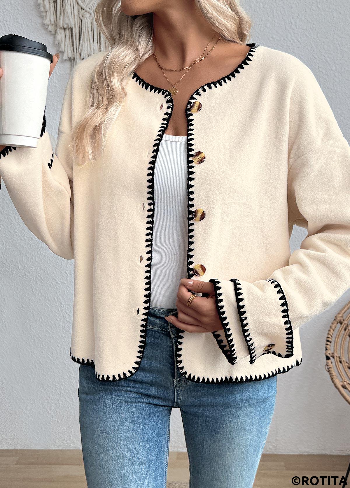 Beige tops,Plain Color tops,Tummy Coverage Beige Round Neck Long Sleeve Coat