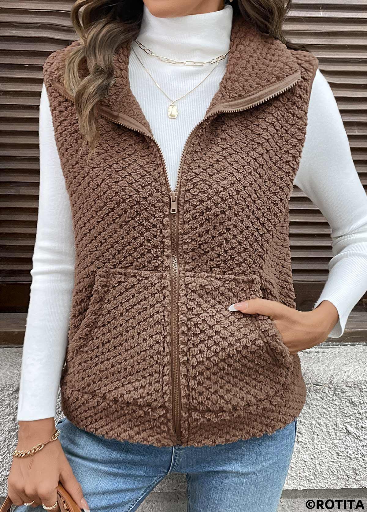 Dark Coffee tops,Plain Color tops,Kangaroo Pocket Dark Coffee Turn Down Collar Sleeveless Waistcoat