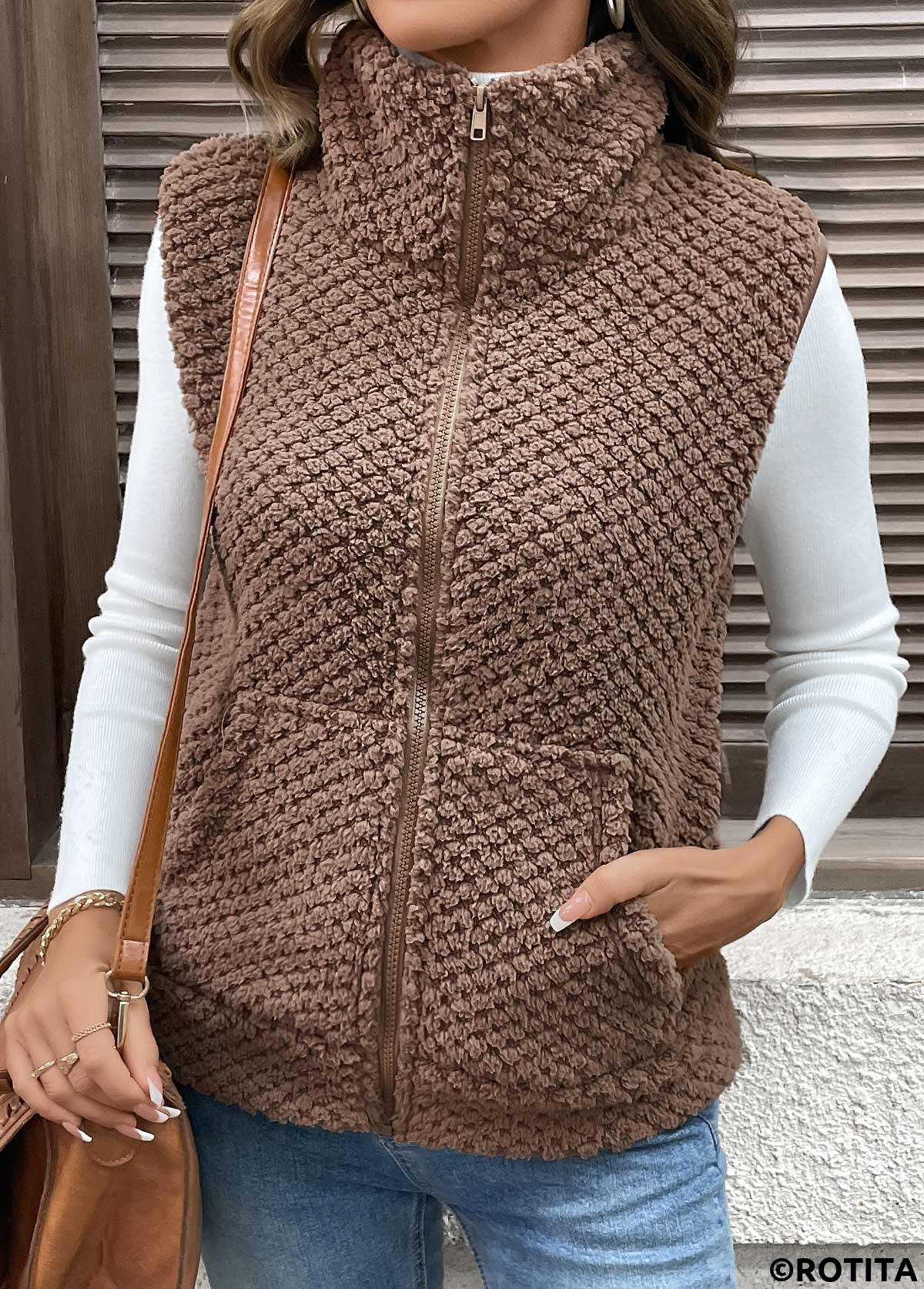 Dark Coffee tops,Plain Color tops,Kangaroo Pocket Dark Coffee Turn Down Collar Sleeveless Waistcoat