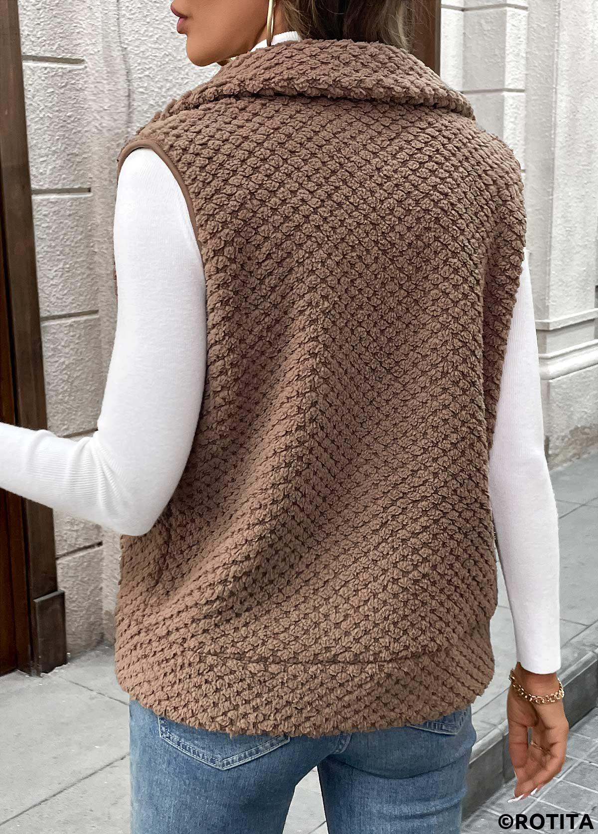 Dark Coffee tops,Plain Color tops,Kangaroo Pocket Dark Coffee Turn Down Collar Sleeveless Waistcoat