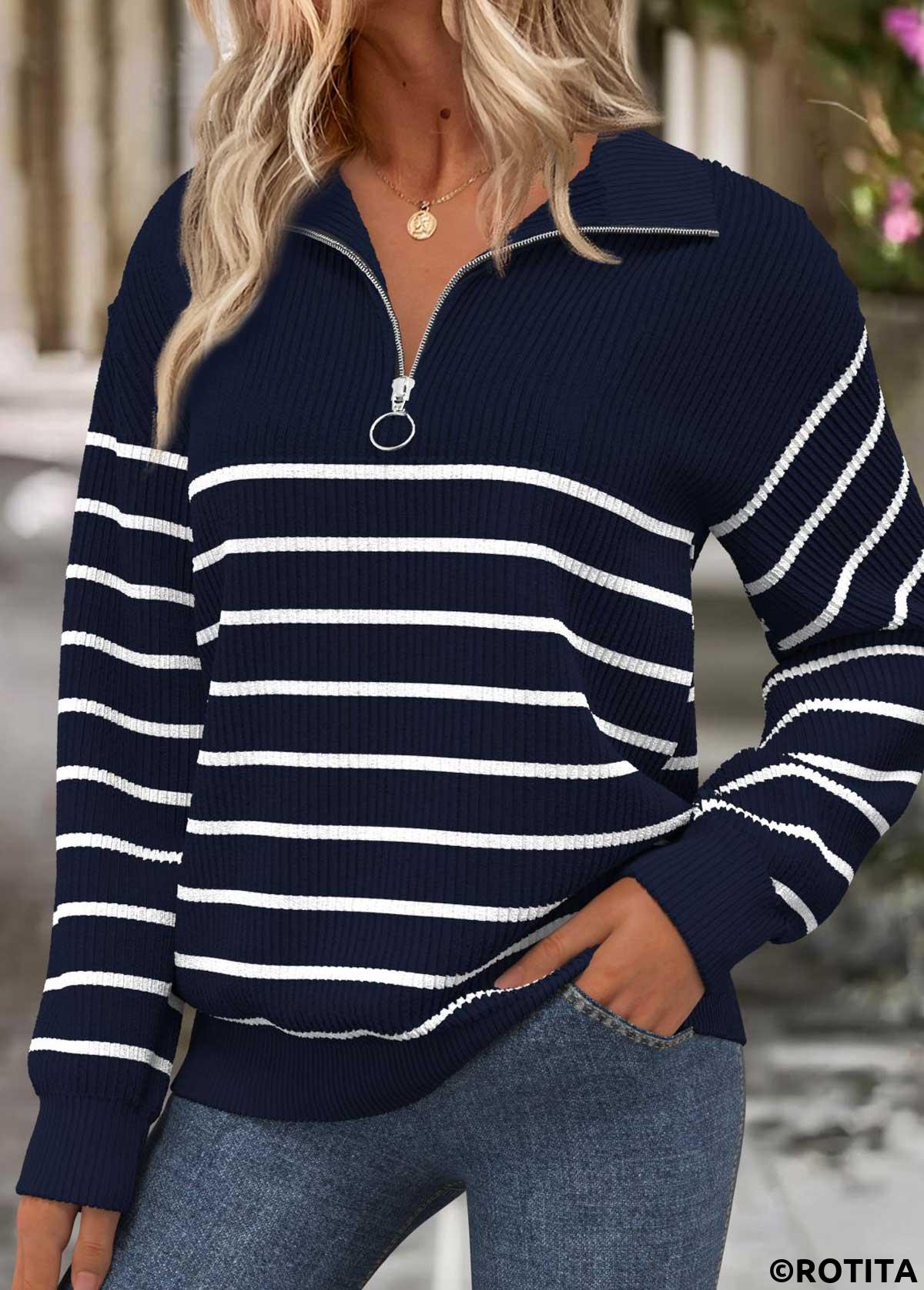 Navy tops,Striped tops,Geometric tops,ROTITA Tummy Coverage Striped Navy Turn Down Collar Sweatshirt