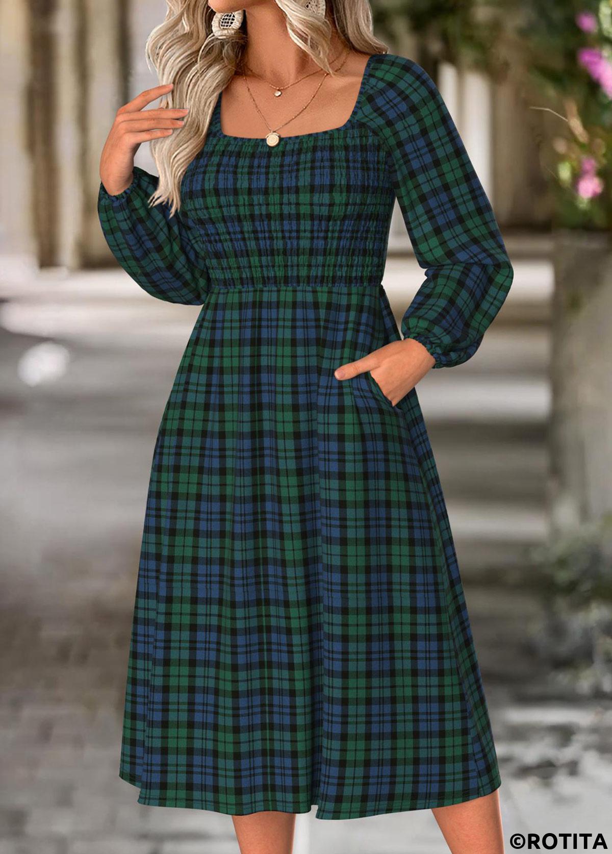 Green dresses,Plaid dresses,Geometric dresses,Everyday dresses,Casual dresses,ROTITA Tummy Coverage Plaid Green Square Neck Long Sleeve Dress