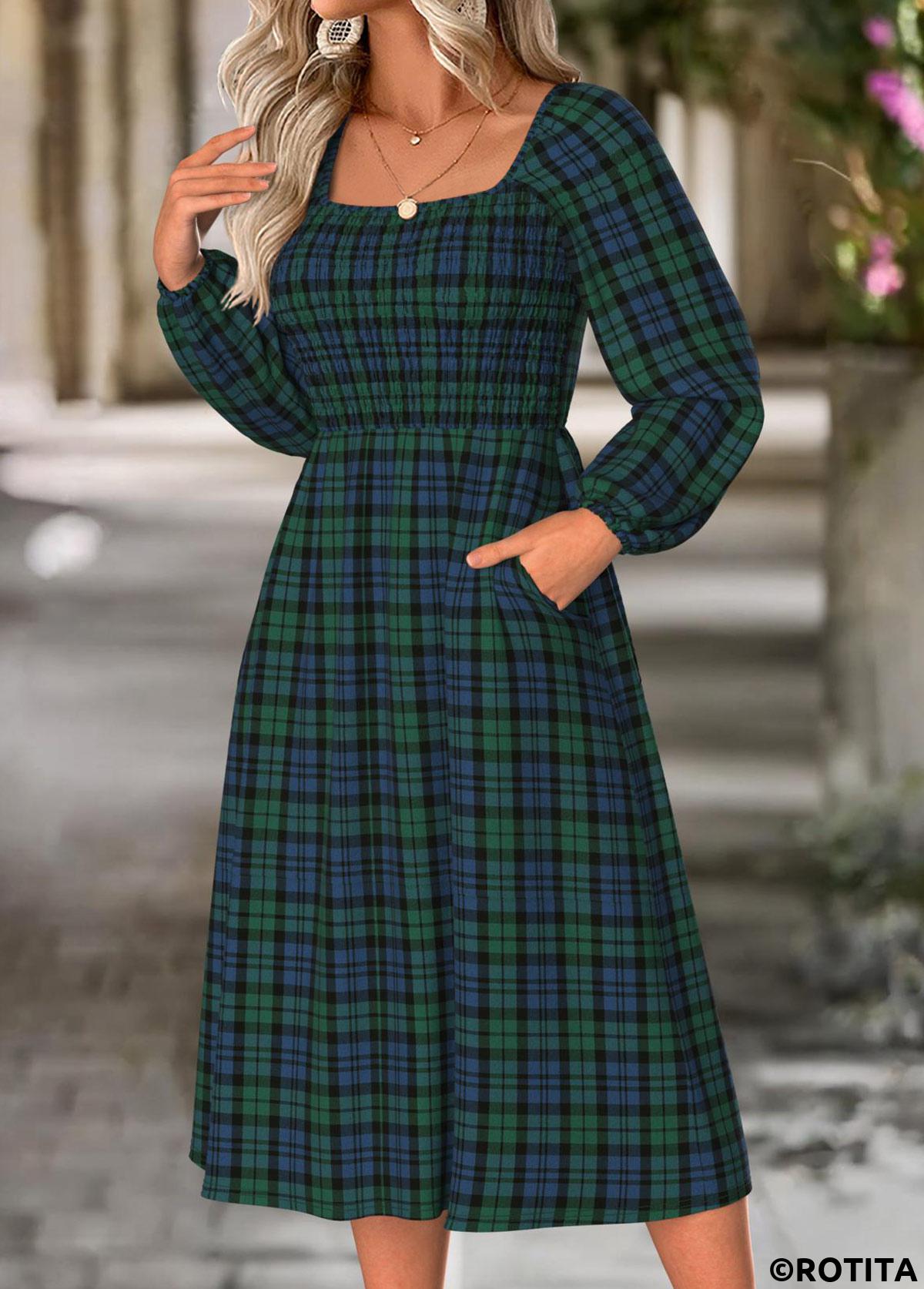Green dresses,Plaid dresses,Geometric dresses,Everyday dresses,Casual dresses,ROTITA Tummy Coverage Plaid Green Square Neck Long Sleeve Dress