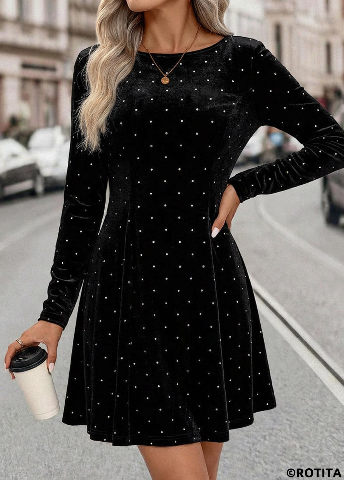 Black dresses,Plain Color dresses,Everyday dresses,Casual dresses,ROTITA Tummy Coverage Black Short Boat Neck Long Sleeve Dress
