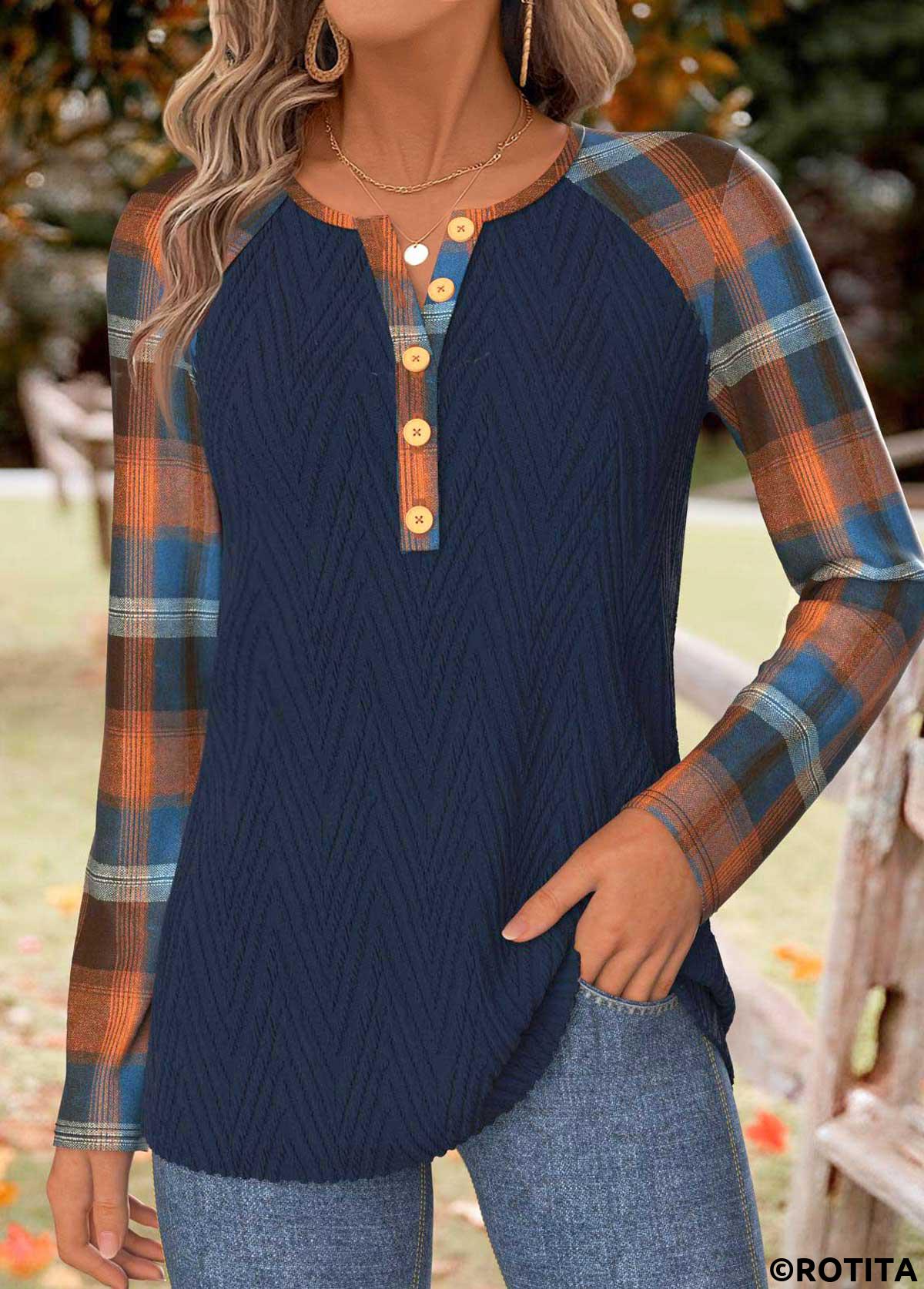 Navy tops,Plaid tops,Geometric tops,ROTITA Tummy Coverage Plaid Navy Round Neck T Shirt