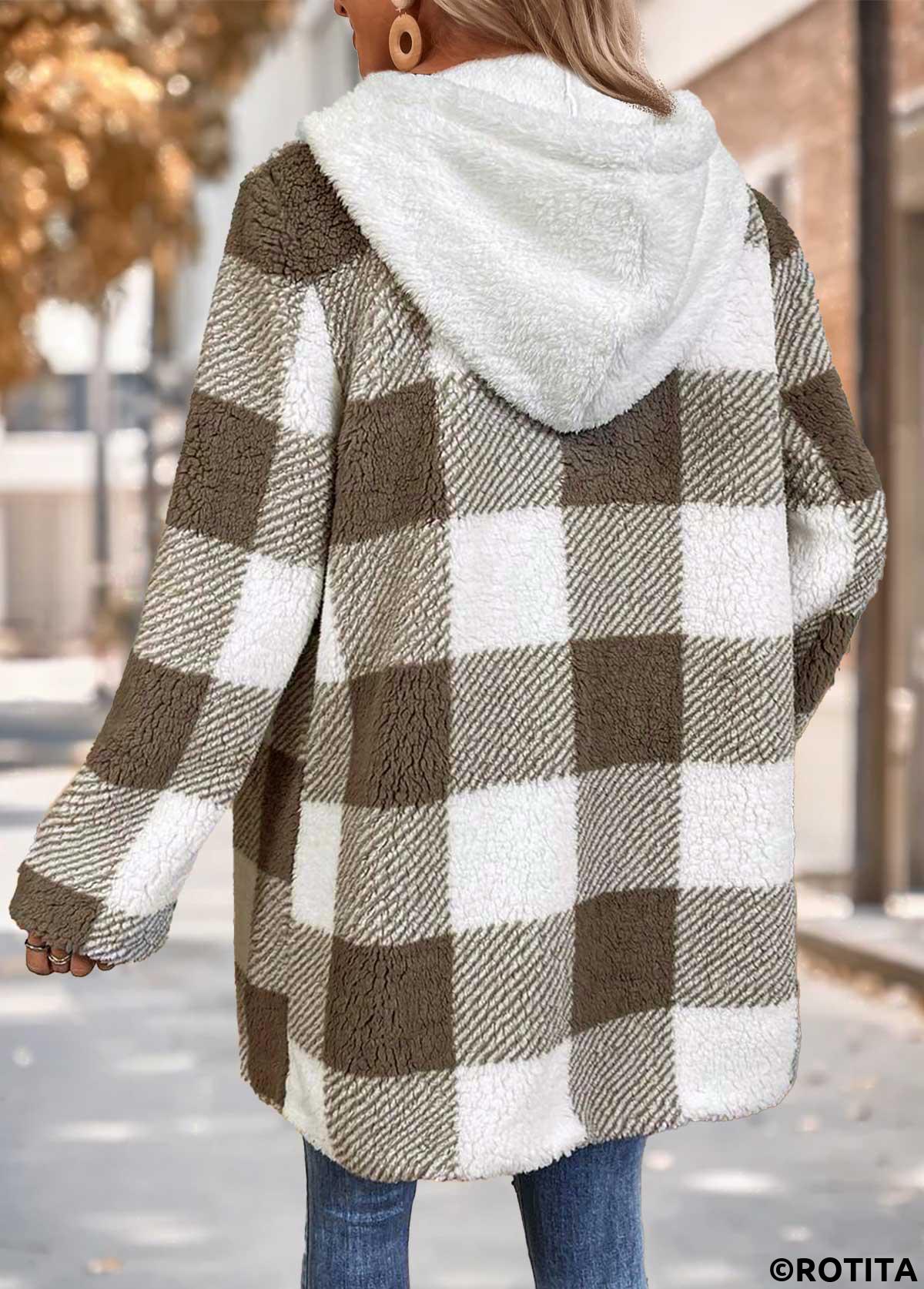 Gray Brown tops,Plaid tops,Geometric tops,ROTITA Tummy Coverage Plaid Gray Brown Hooded Long Sleeve Coat