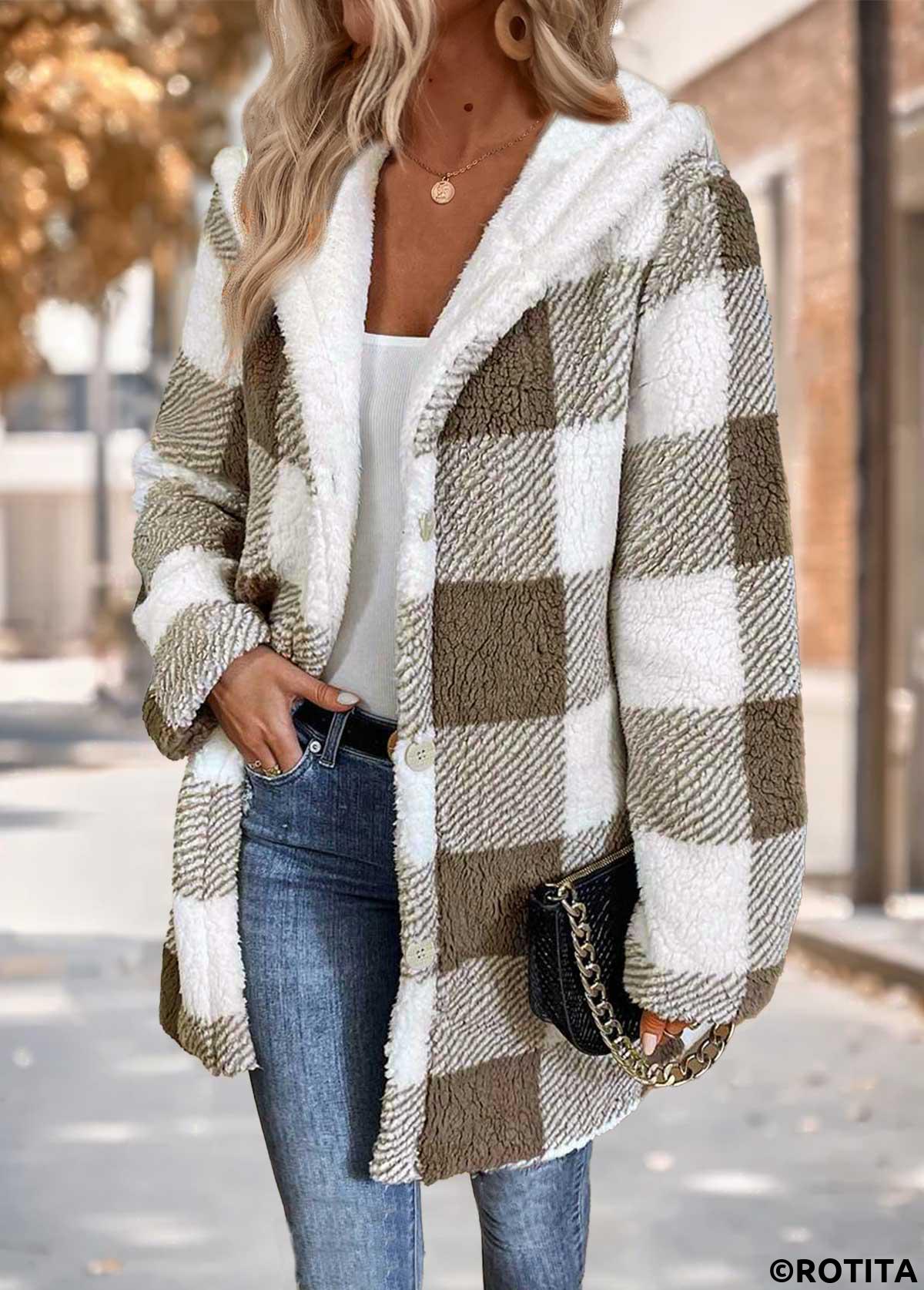 Gray Brown tops,Plaid tops,Geometric tops,ROTITA Tummy Coverage Plaid Gray Brown Hooded Long Sleeve Coat
