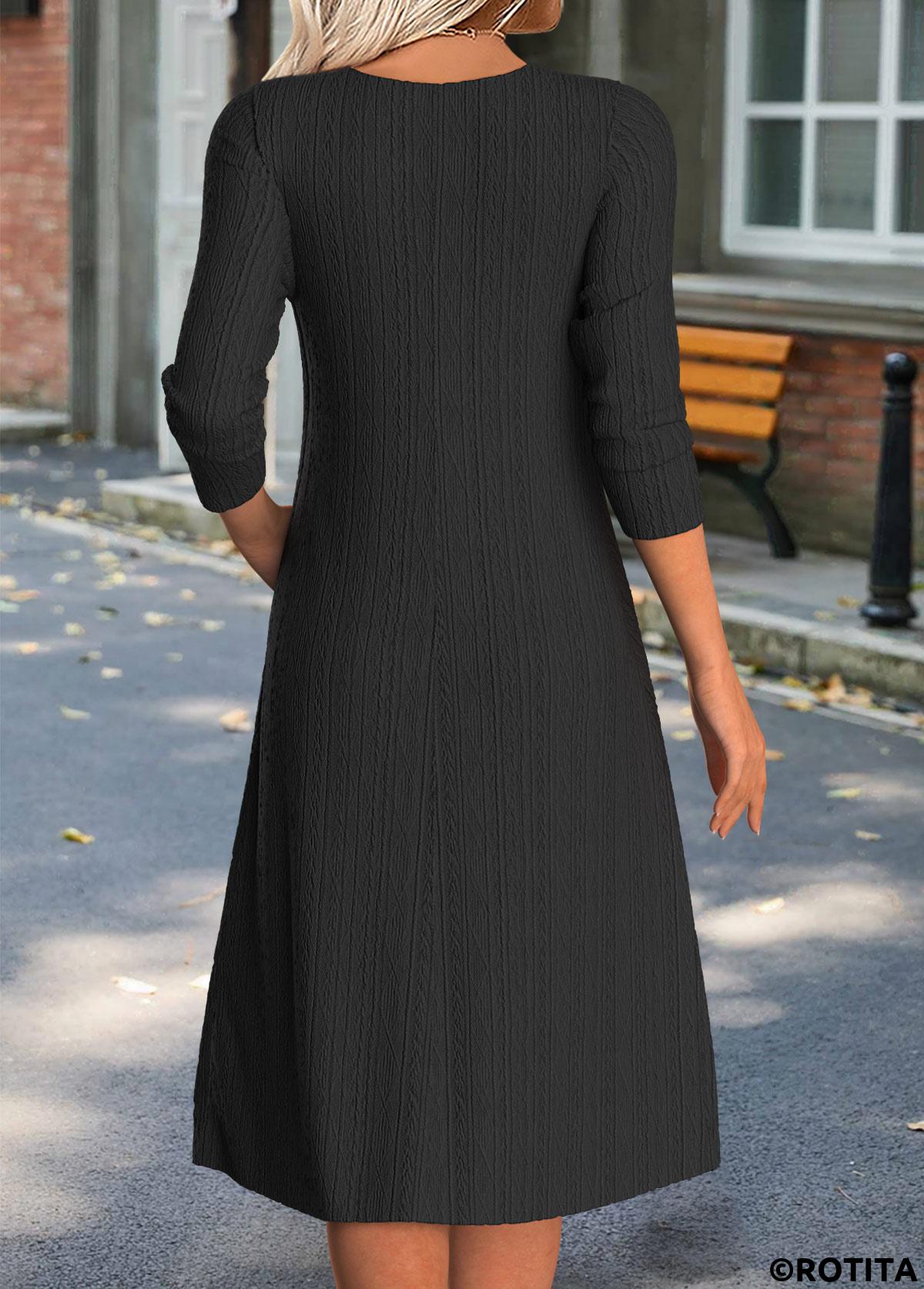 Black dresses,Plaid dresses,Geometric dresses,Everyday dresses,Casual dresses,ROTITA Fake 2in1 Plaid Black High Low Round Neck Dress