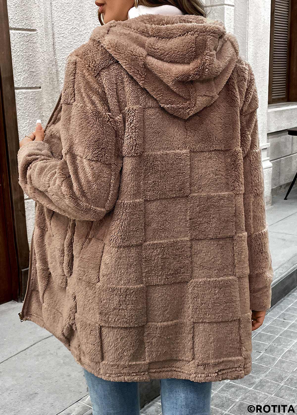 Dark Coffee tops,Plain Color tops,Double Side Pockets Dark Coffee Hooded Long Sleeve Coat