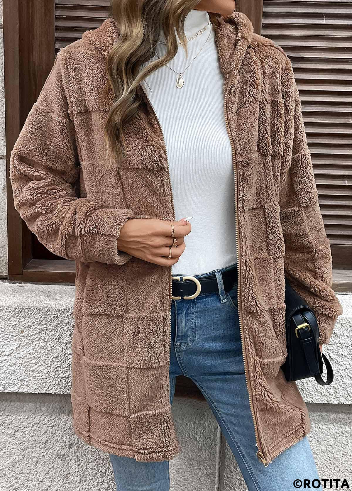 Dark Coffee tops,Plain Color tops,Double Side Pockets Dark Coffee Hooded Long Sleeve Coat