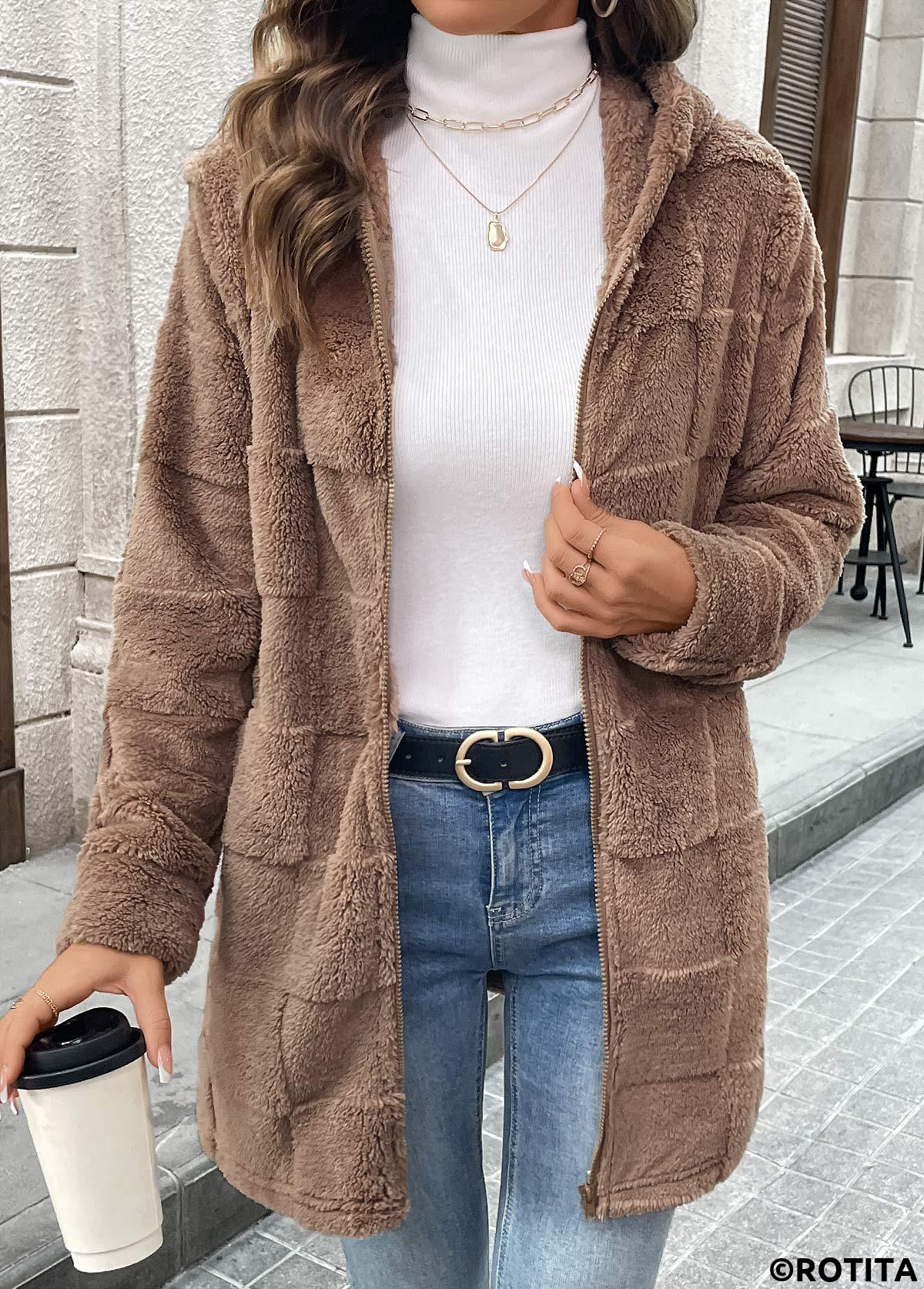 Dark Coffee tops,Plain Color tops,Double Side Pockets Dark Coffee Hooded Long Sleeve Coat