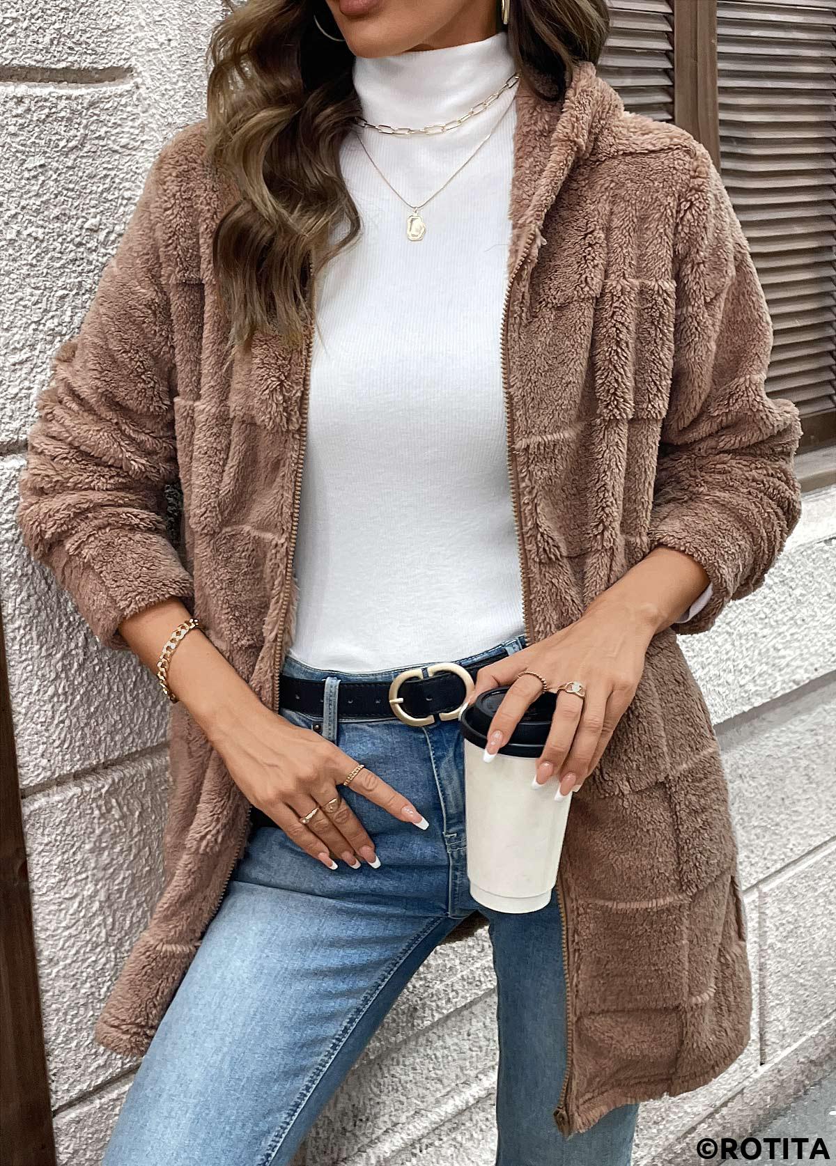 Dark Coffee tops,Plain Color tops,Double Side Pockets Dark Coffee Hooded Long Sleeve Coat