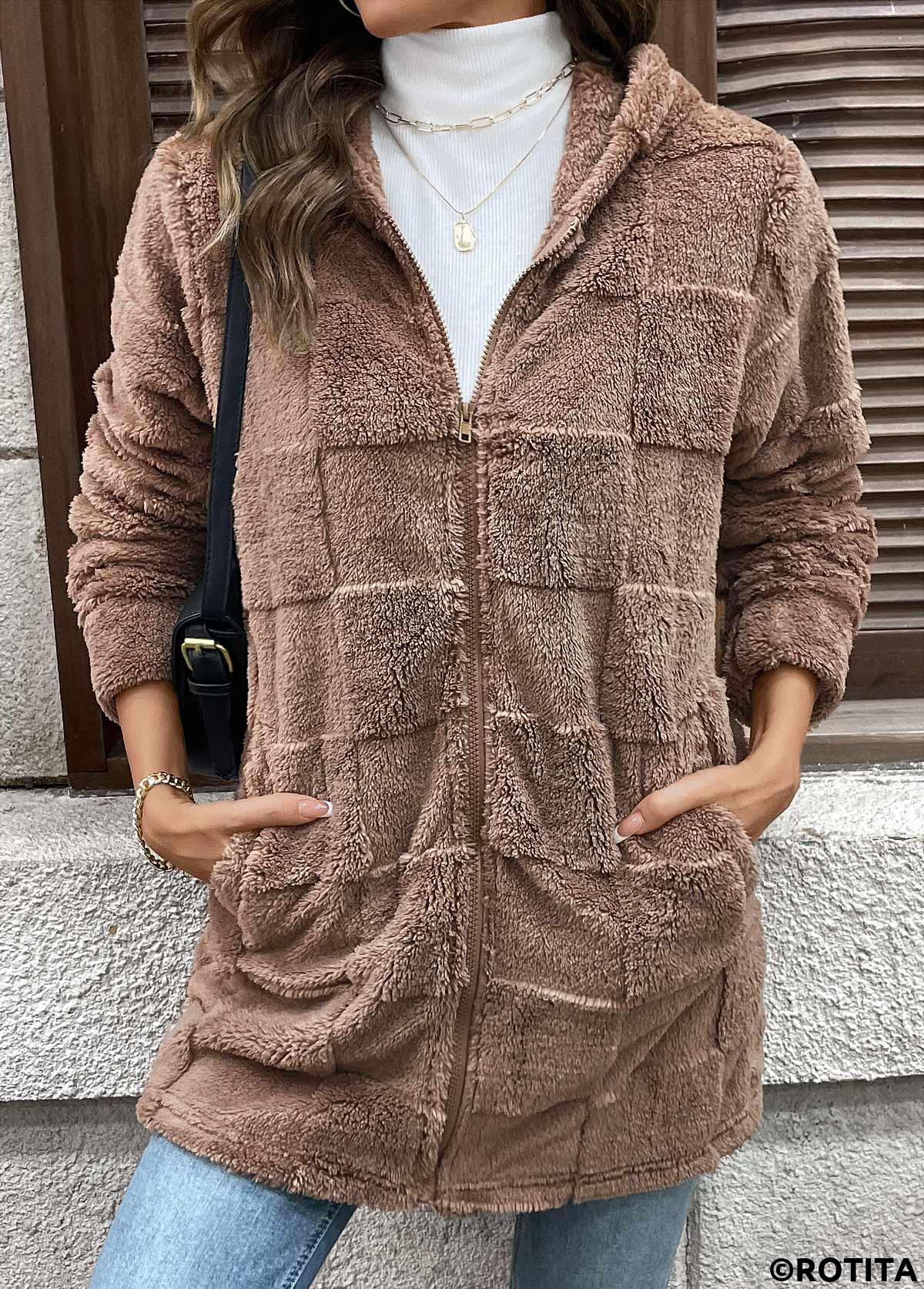 Dark Coffee tops,Plain Color tops,Double Side Pockets Dark Coffee Hooded Long Sleeve Coat