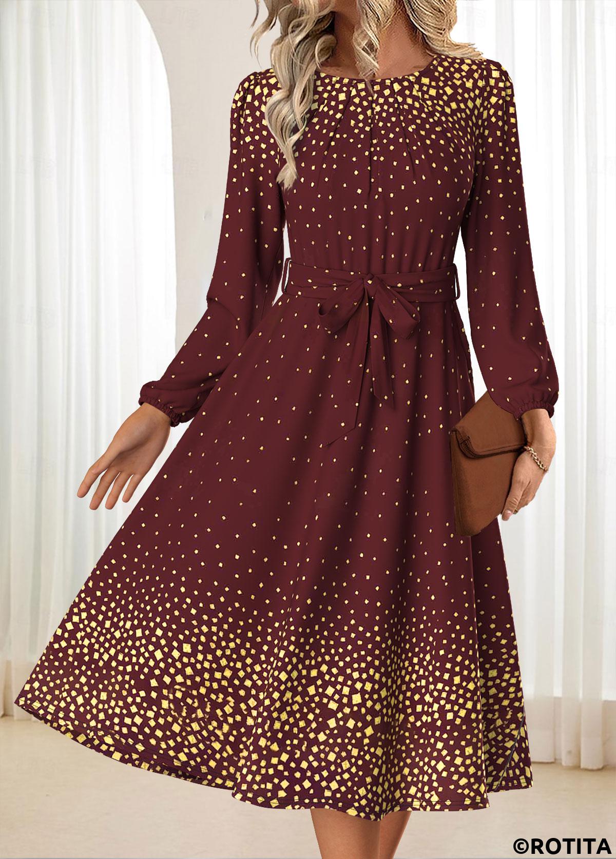 Deep Red dresses,Ombre dresses,Everyday dresses,Casual dresses,ROTITA Tummy Coverage Ombre Deep Red Belted Round Neck Dress