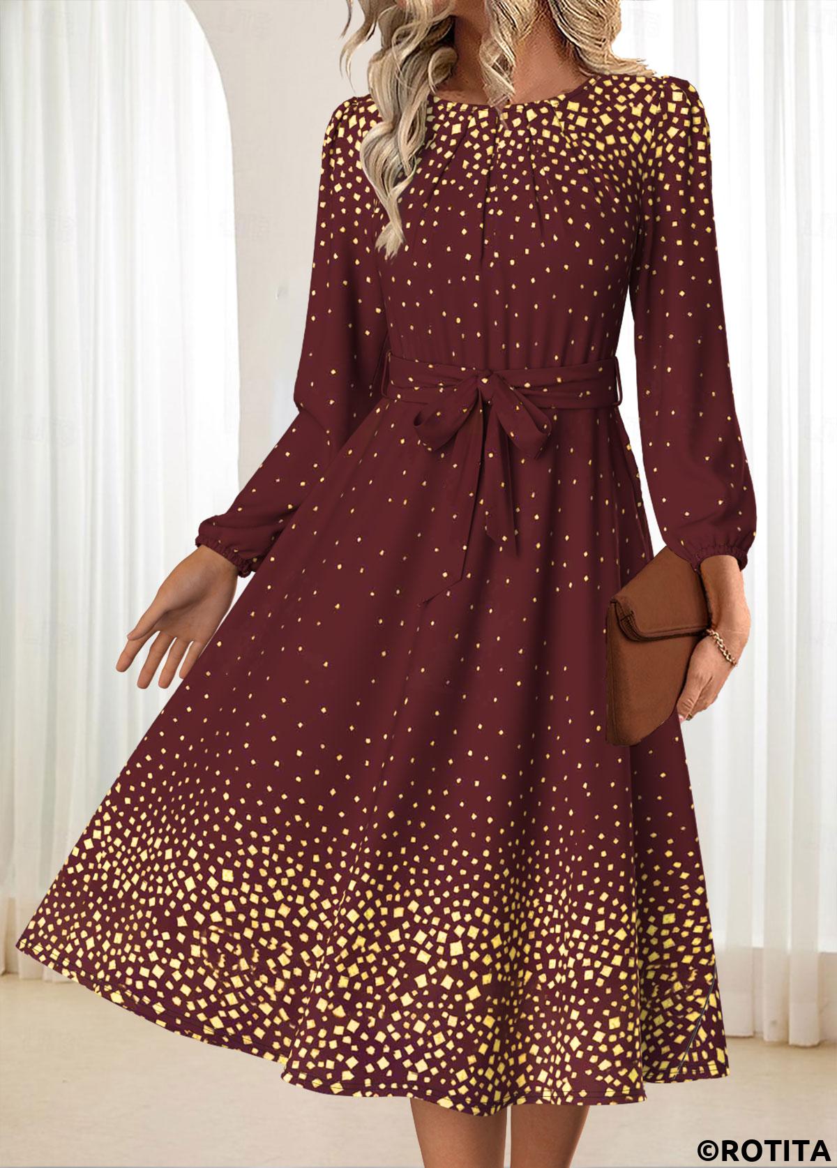 Deep Red dresses,Ombre dresses,Everyday dresses,Casual dresses,ROTITA Tummy Coverage Ombre Deep Red Belted Round Neck Dress