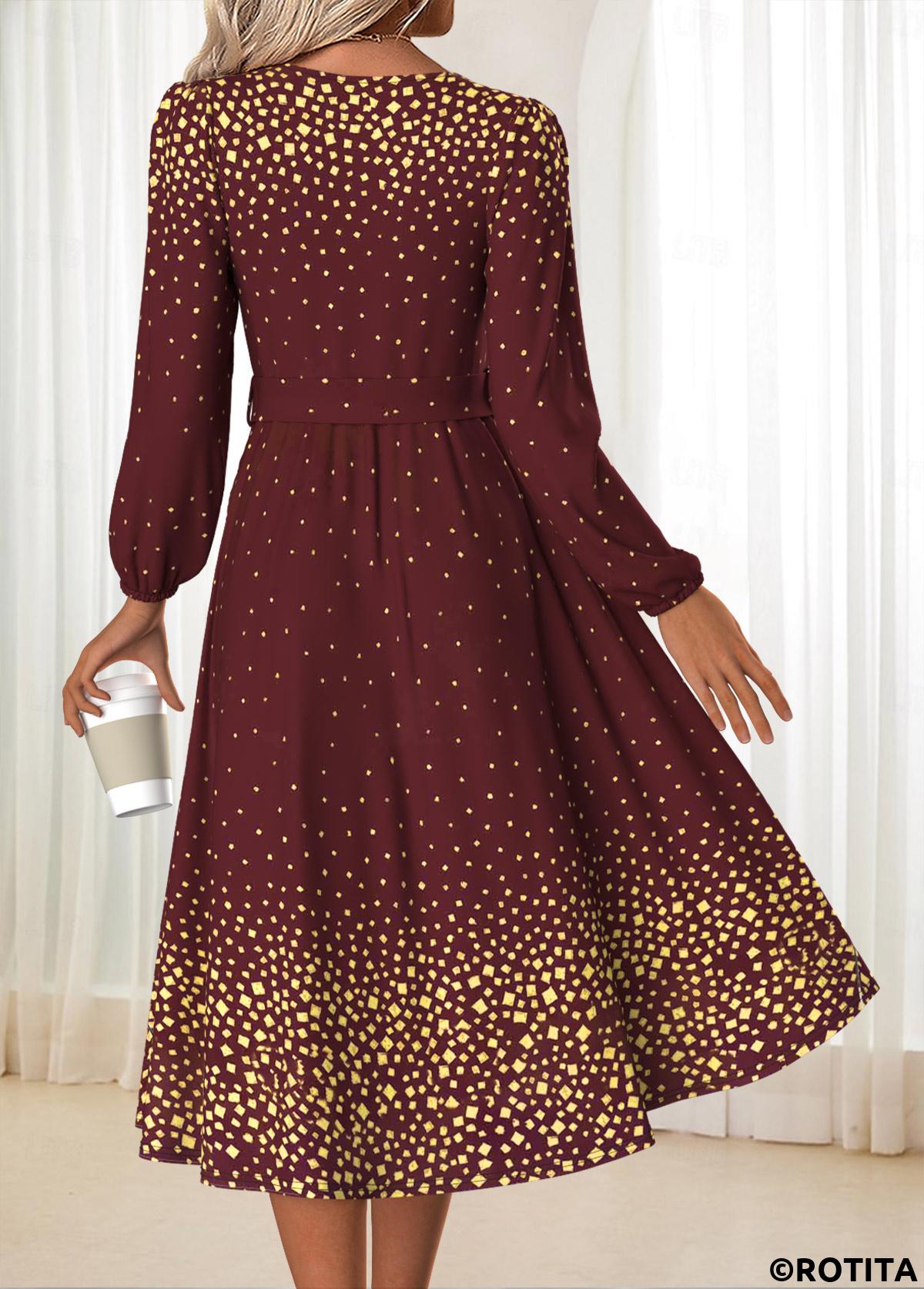 Deep Red dresses,Ombre dresses,Everyday dresses,Casual dresses,ROTITA Tummy Coverage Ombre Deep Red Belted Round Neck Dress