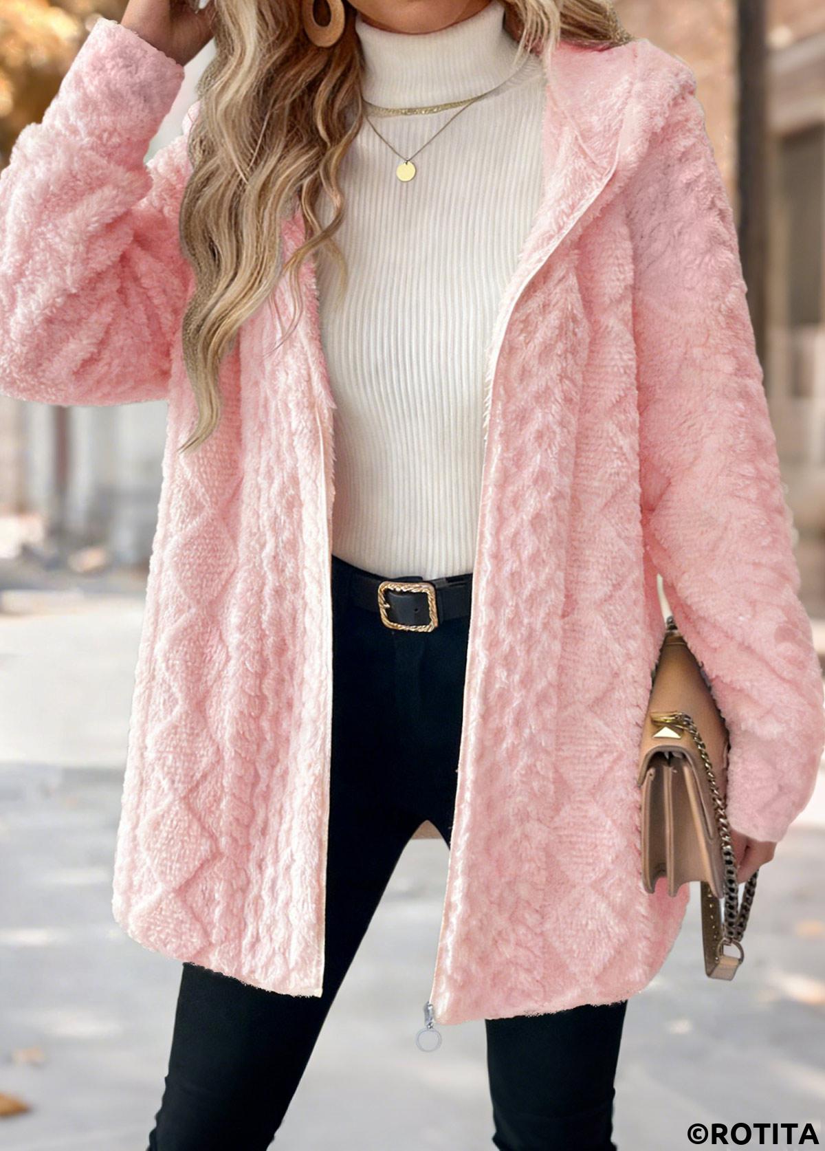 Light Pink tops,Plain Color tops,ROTITA Tummy Coverage Light Pink Hooded Long Sleeve Coat