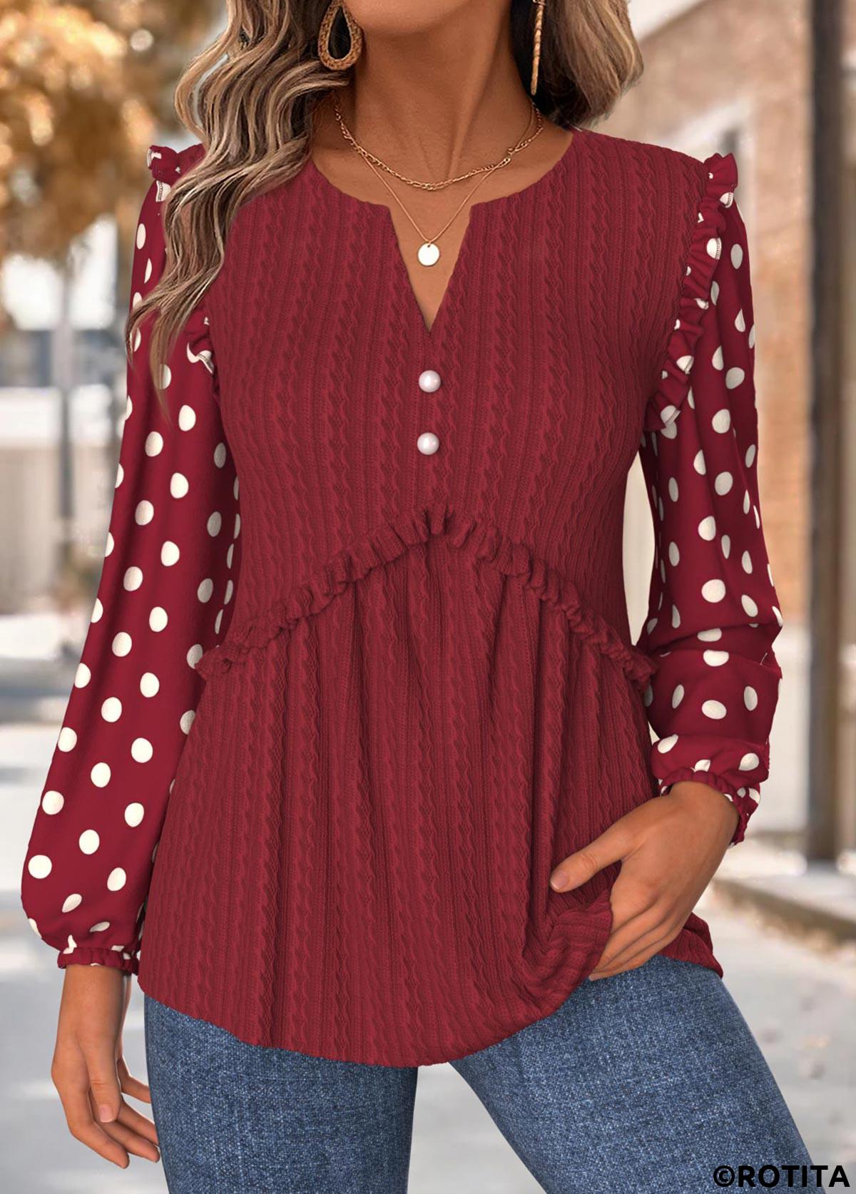 Deep Red tops,Dot tops,ROTITA Tummy Coverage Geometric Print Deep Red Split Neck Blouse