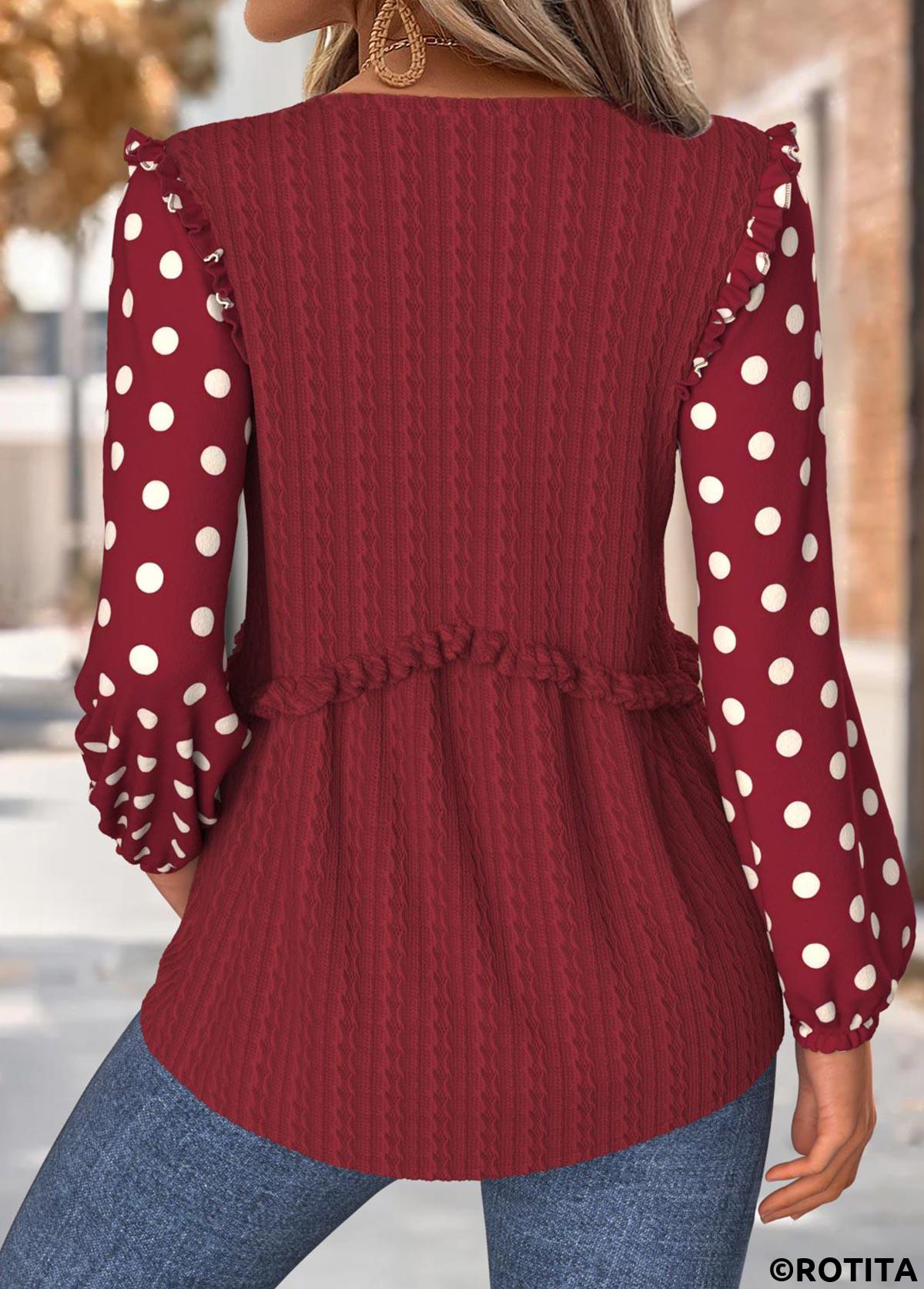 Deep Red tops,Dot tops,ROTITA Tummy Coverage Geometric Print Deep Red Split Neck Blouse