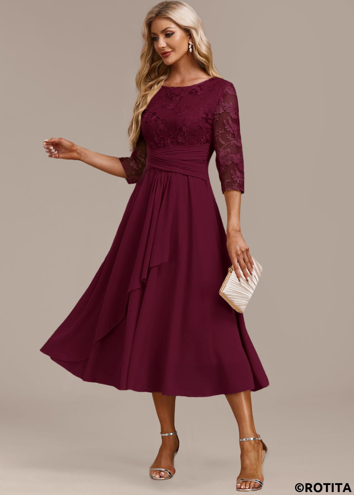 Wine Red dresses,Plain Color dresses,Party dresses,Elegant dresses,ROTITA Embroidery Wine Red Round Neck 3/4 Sleeve Dress