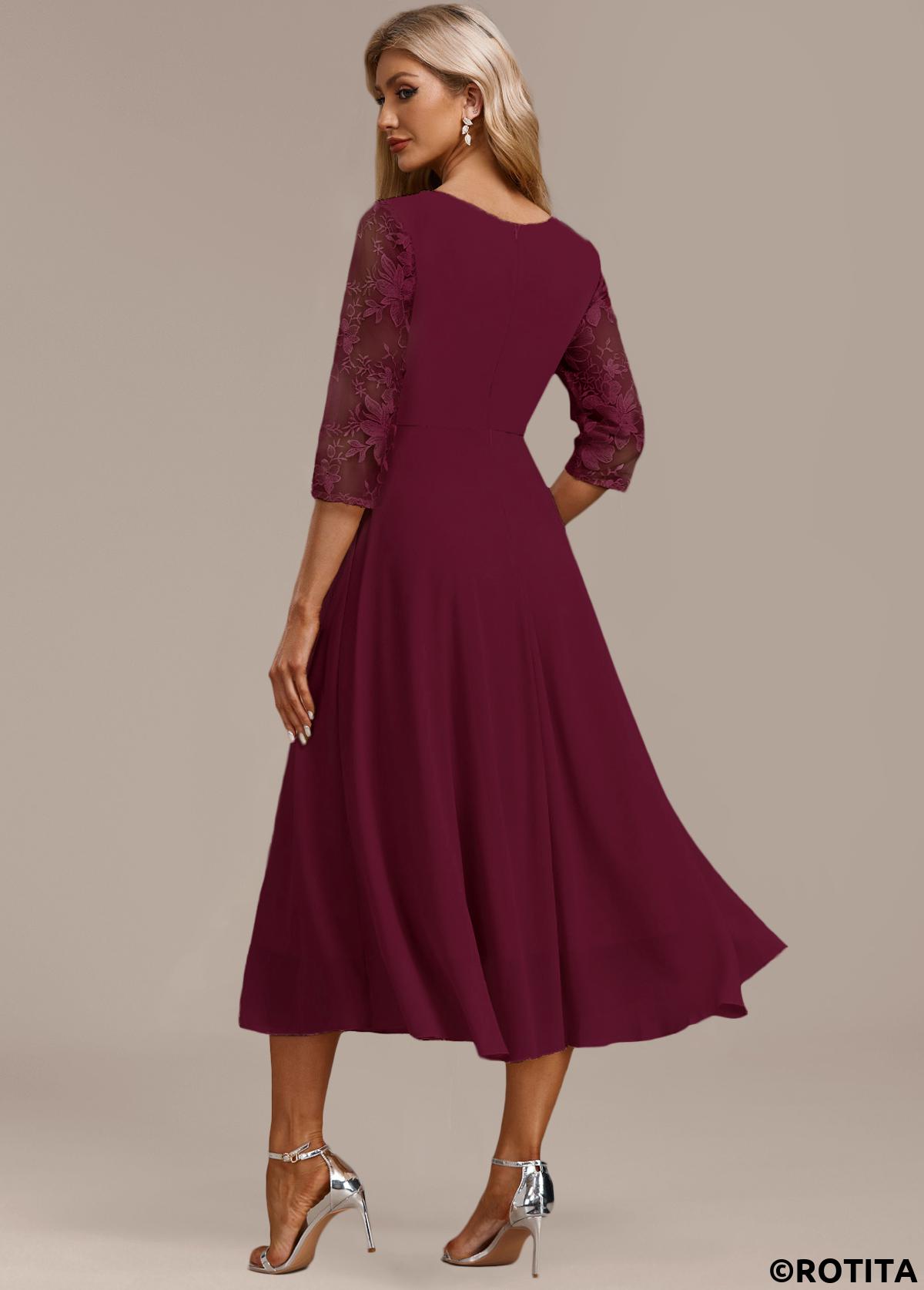 Wine Red dresses,Plain Color dresses,Party dresses,Elegant dresses,ROTITA Embroidery Wine Red Round Neck 3/4 Sleeve Dress