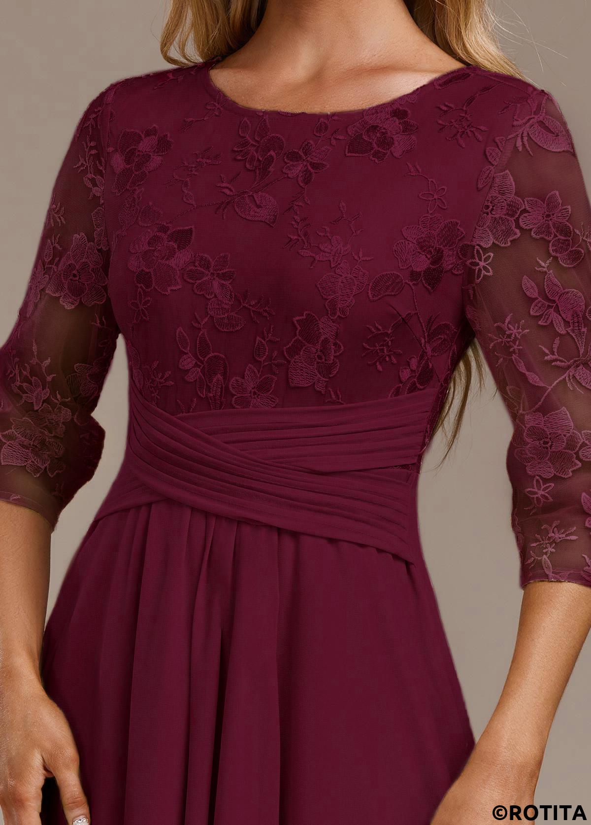 Wine Red dresses,Plain Color dresses,Party dresses,Elegant dresses,ROTITA Embroidery Wine Red Round Neck 3/4 Sleeve Dress