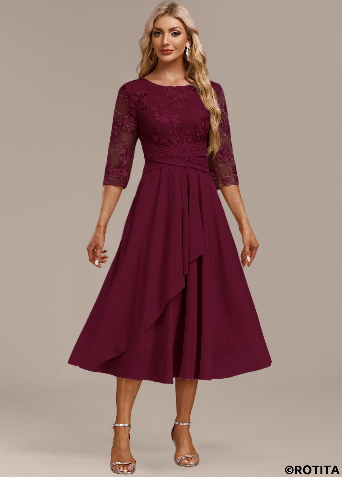 Wine Red dresses,Plain Color dresses,Party dresses,Elegant dresses,ROTITA Embroidery Wine Red Round Neck 3/4 Sleeve Dress