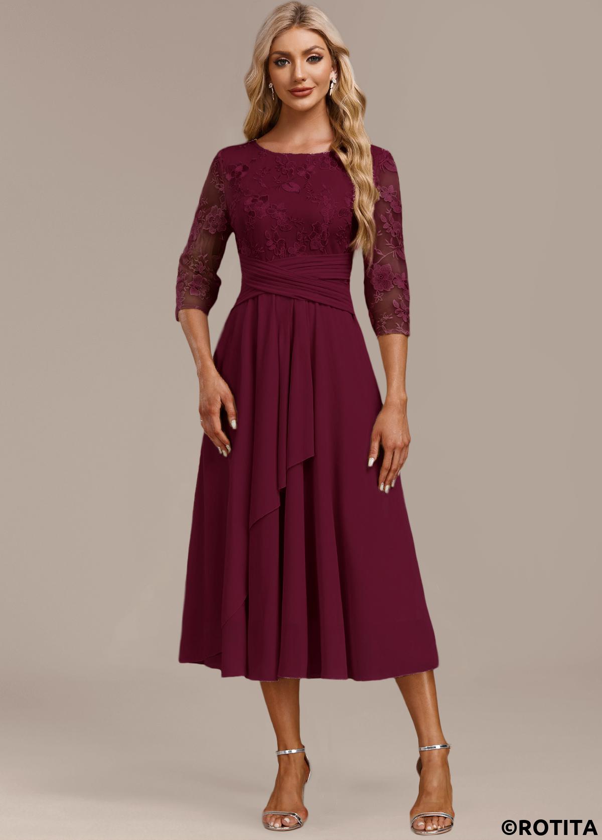 Wine Red dresses,Plain Color dresses,Party dresses,Elegant dresses,ROTITA Embroidery Wine Red Round Neck 3/4 Sleeve Dress