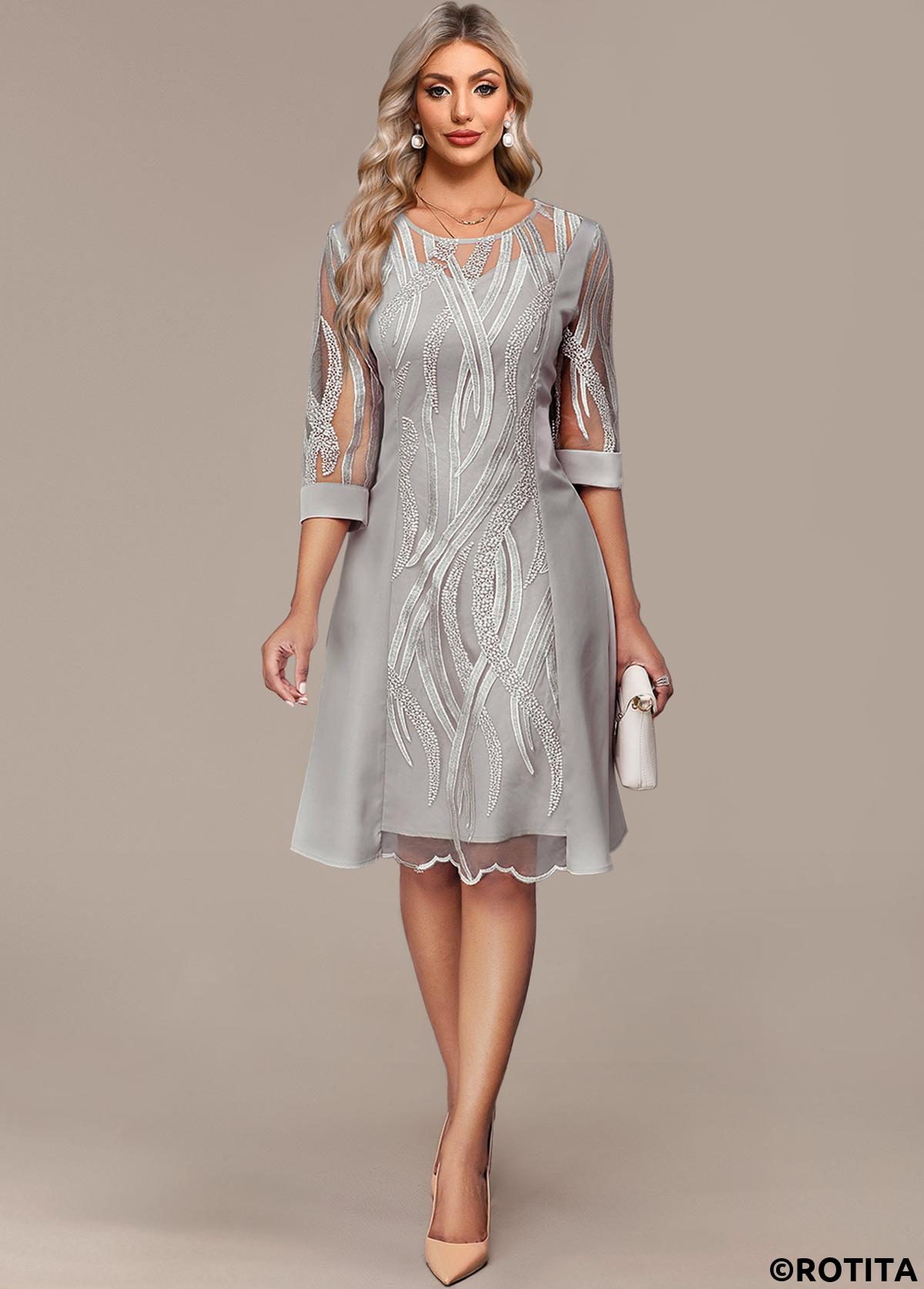 Light Grey dresses,Plain Color dresses,Everyday dresses,Elegant dresses,ROTITA Tummy Coverage Light Grey Round Neck 3/4 Sleeve Dress