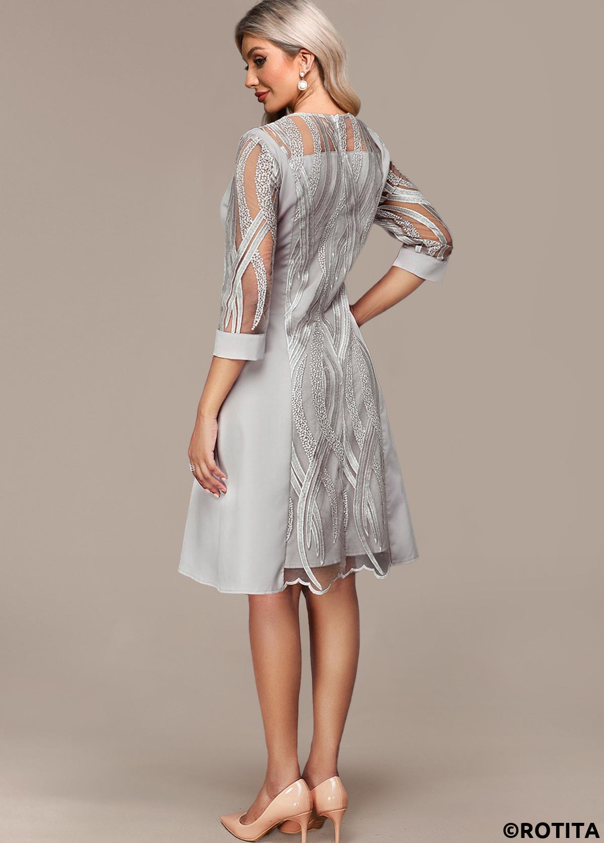 Light Grey dresses,Plain Color dresses,Everyday dresses,Elegant dresses,ROTITA Tummy Coverage Light Grey Round Neck 3/4 Sleeve Dress