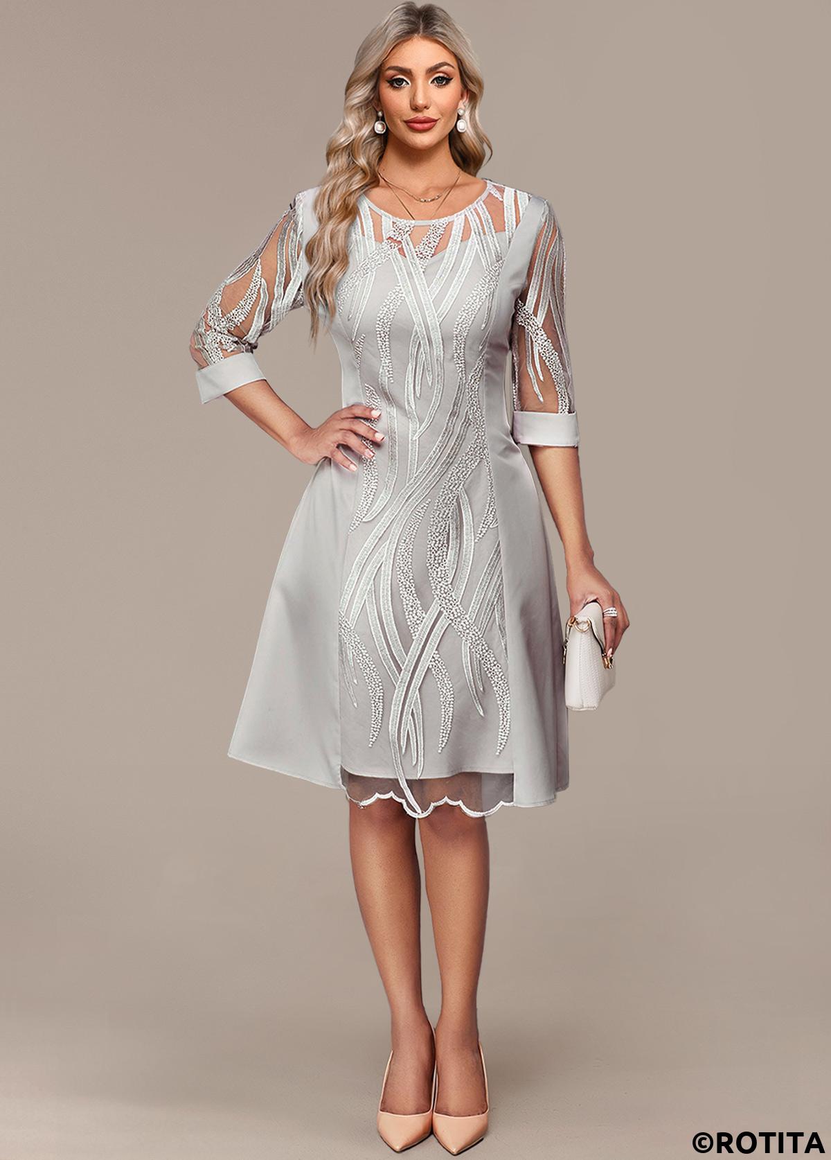 Light Grey dresses,Plain Color dresses,Everyday dresses,Elegant dresses,ROTITA Tummy Coverage Light Grey Round Neck 3/4 Sleeve Dress