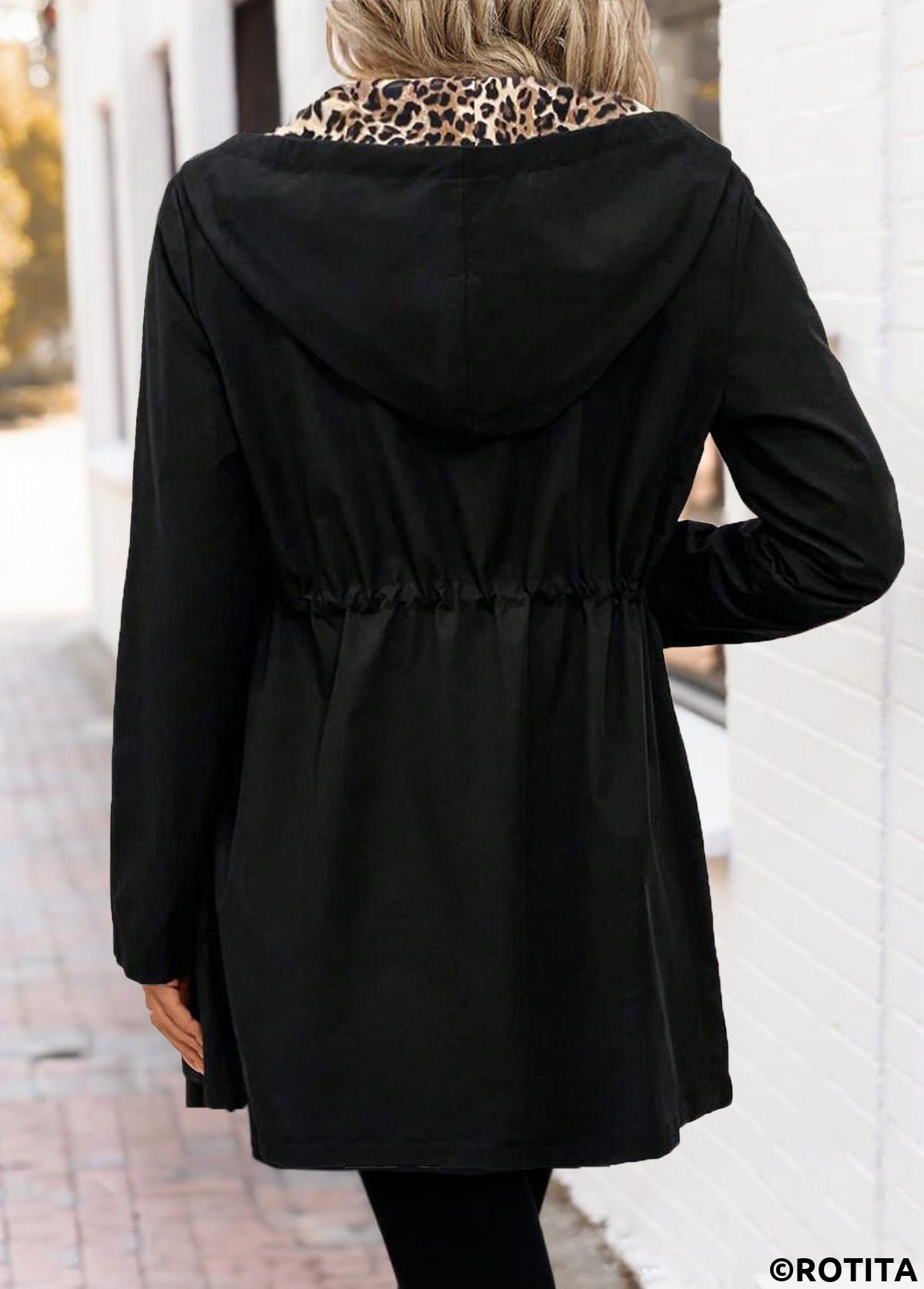 Black tops,Leopard tops,Animal Print tops,ROTITA Tummy Coverage Reversible Leopard Black Hooded Long Sleeve Coat