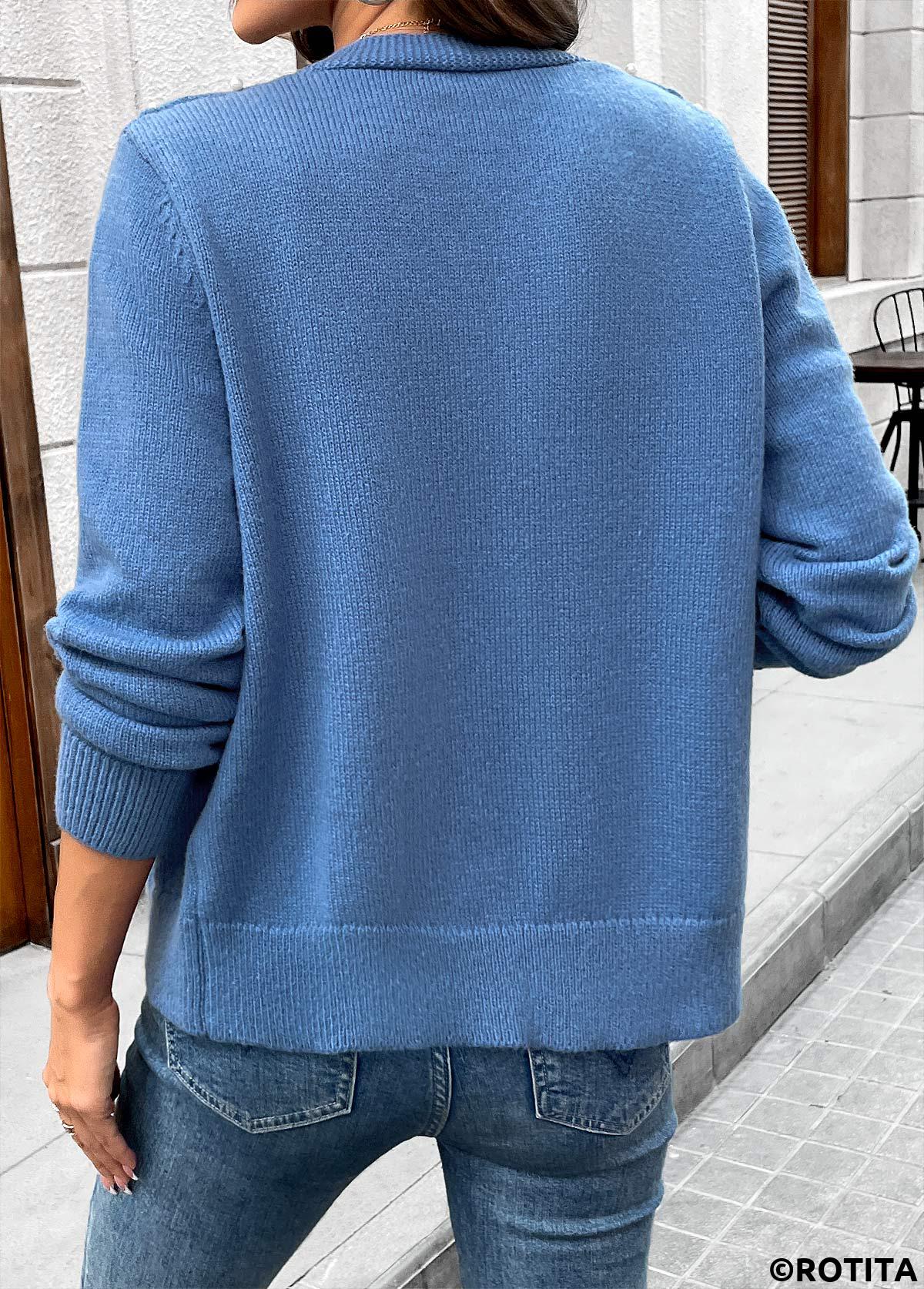 Denim Blue tops,Plain Color tops,Tummy Coverage Denim Blue Long Sleeve Cardigan