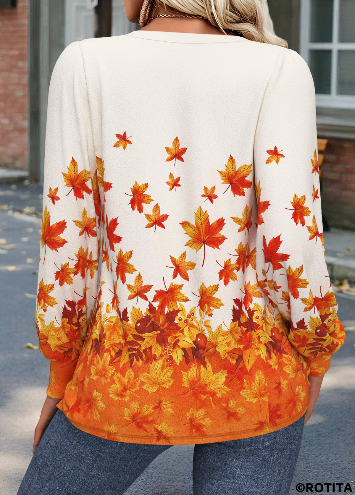 Orange tops,Plants tops,ROTITA Tuck Stitch Leaf Print Orange V Neck T Shirt
