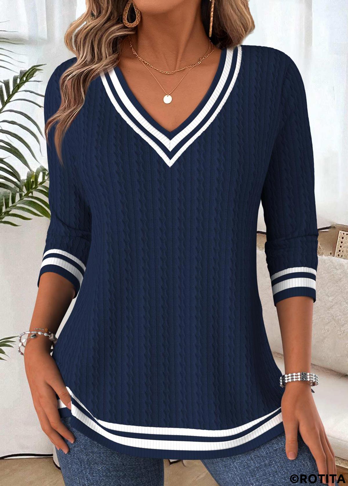 Navy tops,Plain Color tops,ROTITA Tummy Coverage Navy V Neck Long Sleeve T Shirt