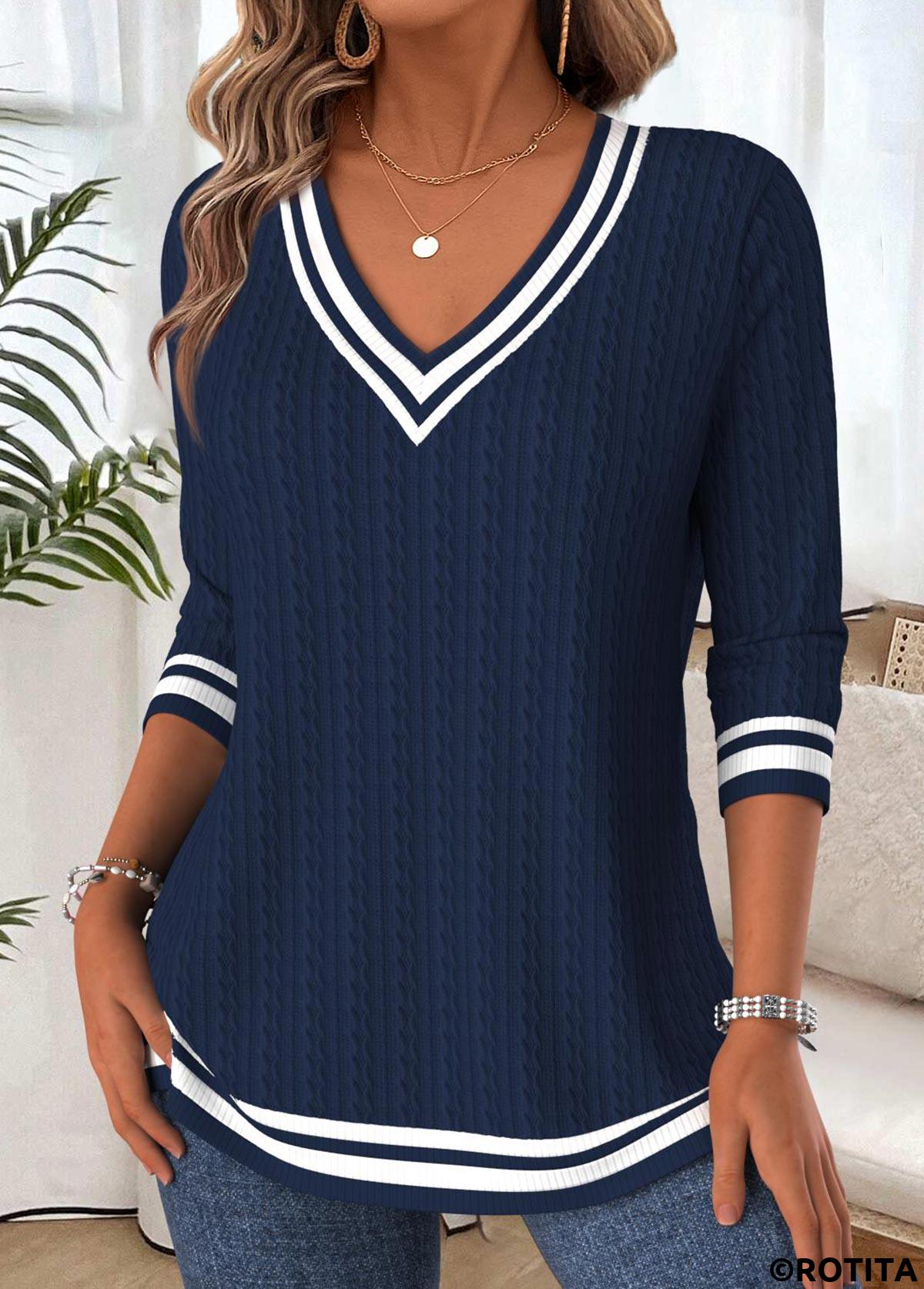 Navy tops,Plain Color tops,ROTITA Tummy Coverage Navy V Neck Long Sleeve T Shirt