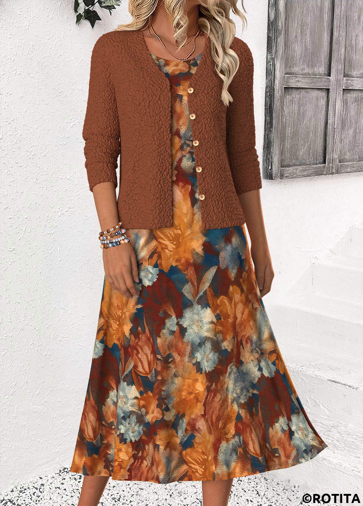 Dark Coffee dresses,Plants dresses,Floral dresses,Everyday dresses,Casual dresses,ROTITA Tummy Coverage Random Floral Print Dress and Cardigan