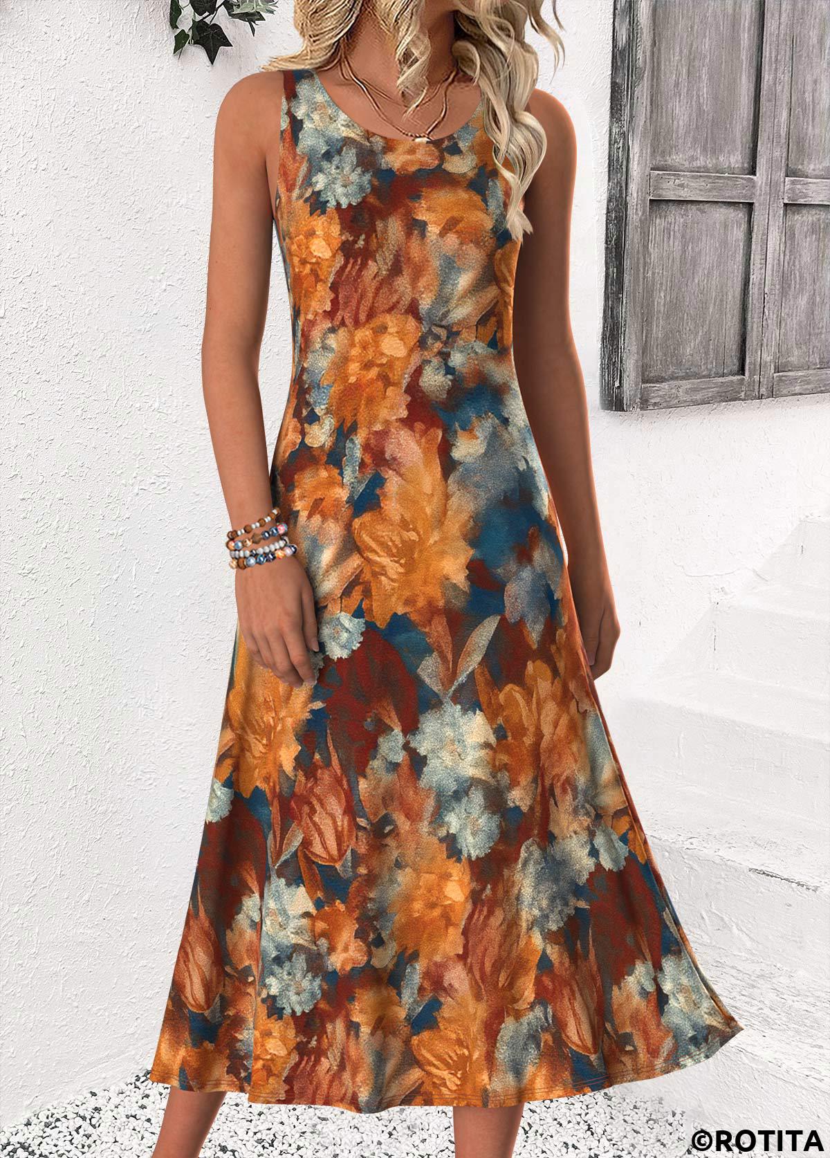 Dark Coffee dresses,Plants dresses,Floral dresses,Everyday dresses,Casual dresses,ROTITA Tummy Coverage Random Floral Print Dress and Cardigan